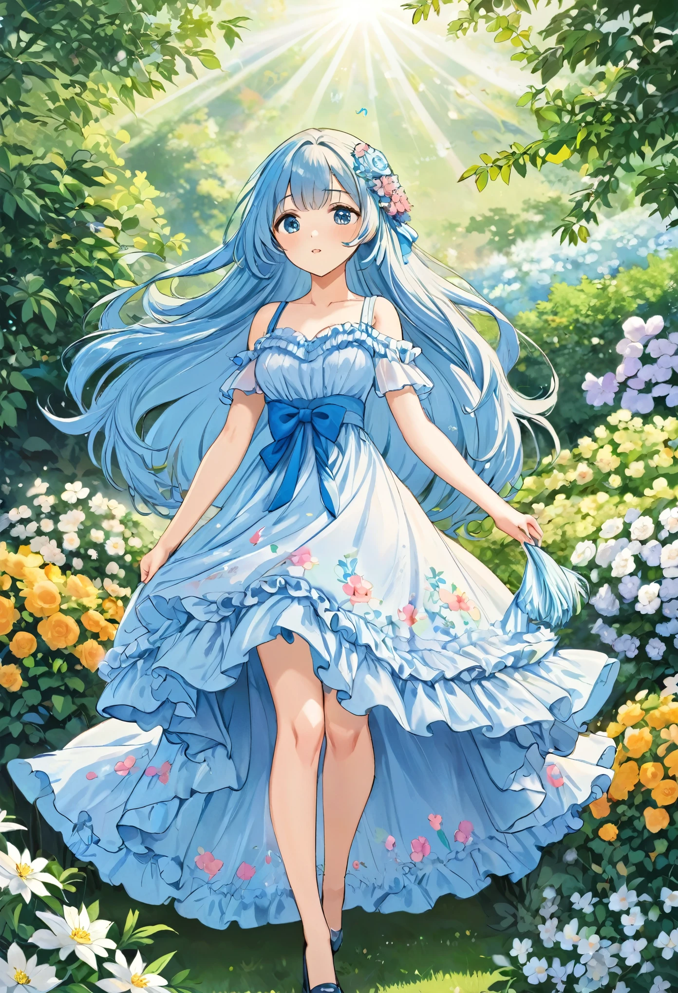 (masterpiece、highest quality、Awareness-raising、Very high quality、high resolution、extremely delicate writing)Light blue long-haired girl standing in beautiful flowery garden、She has a big bouquet、A cute ethnic dress with frills on the shoulders、Hair blowing in the wind