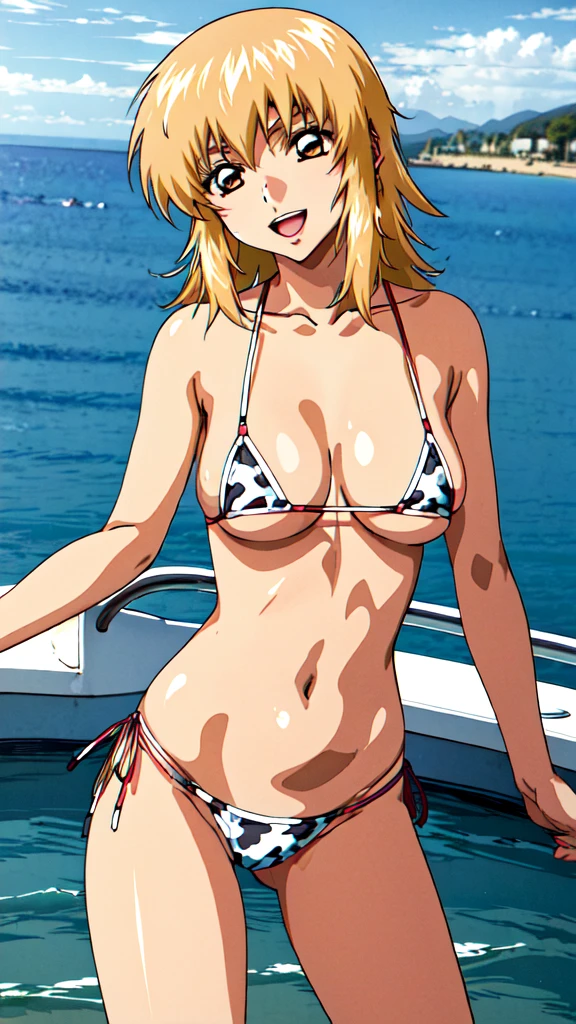 (masterpiece, 4K, highest quality, anime style: 1.9, Detailed face, Lovely, Ocean,Bold Line, High resolution, anime, Lake 4. alone, Curvaceous, Thighs, Cleavage, Mid-chest, smile, Please open your mouth wide, Very slim belly, Cowboy Shot, Cow print bikini,1 girl,blonde, Brown eyes,Kagari Yura Asa