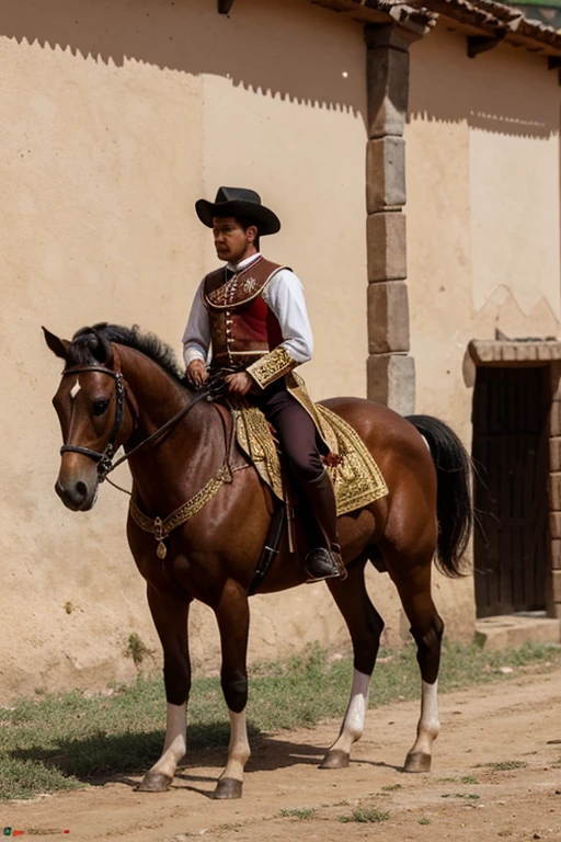 Hacendado vestido con traje de casimir montando un caballo de paso con espuelas de bronce en Peru