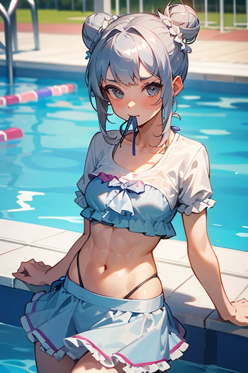 One girl, poolside, frilly skirt bikini swimsuit, t-shirt bottoms in mouth, abdominal muscles, silver hair, bun hair