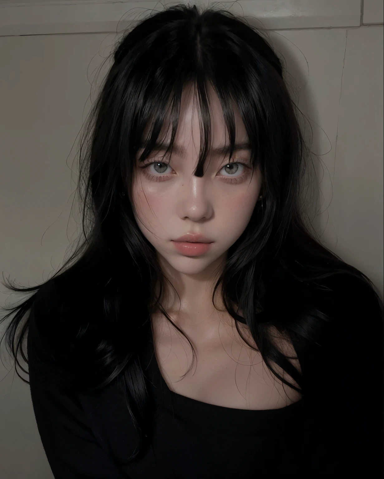 Mujer arafed con cabello largo y negro y un top negro, Ella tiene el pelo negro con flequillo, Chica coreana, cruel korean gothic girl, con flequillo, con flequillo completo, Ella tiene una cara linda, Hermosa mujer surcoreana, 18 years, flequillo esponjoso, There, Aunt, Asian girl, Flequillo partido en el centro, 22 years