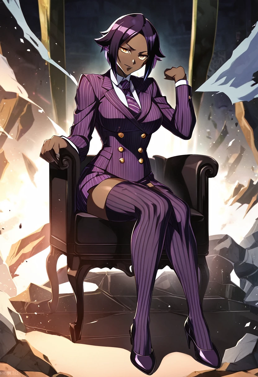  Full body Yoruichi as a thin Black business woman in a double breasted pinstripe purple  skirt suit while wearing a tie with a purple pinstripe skirt and with purple knee sock’s and stockings wearing purple heels while sitting full art anime 