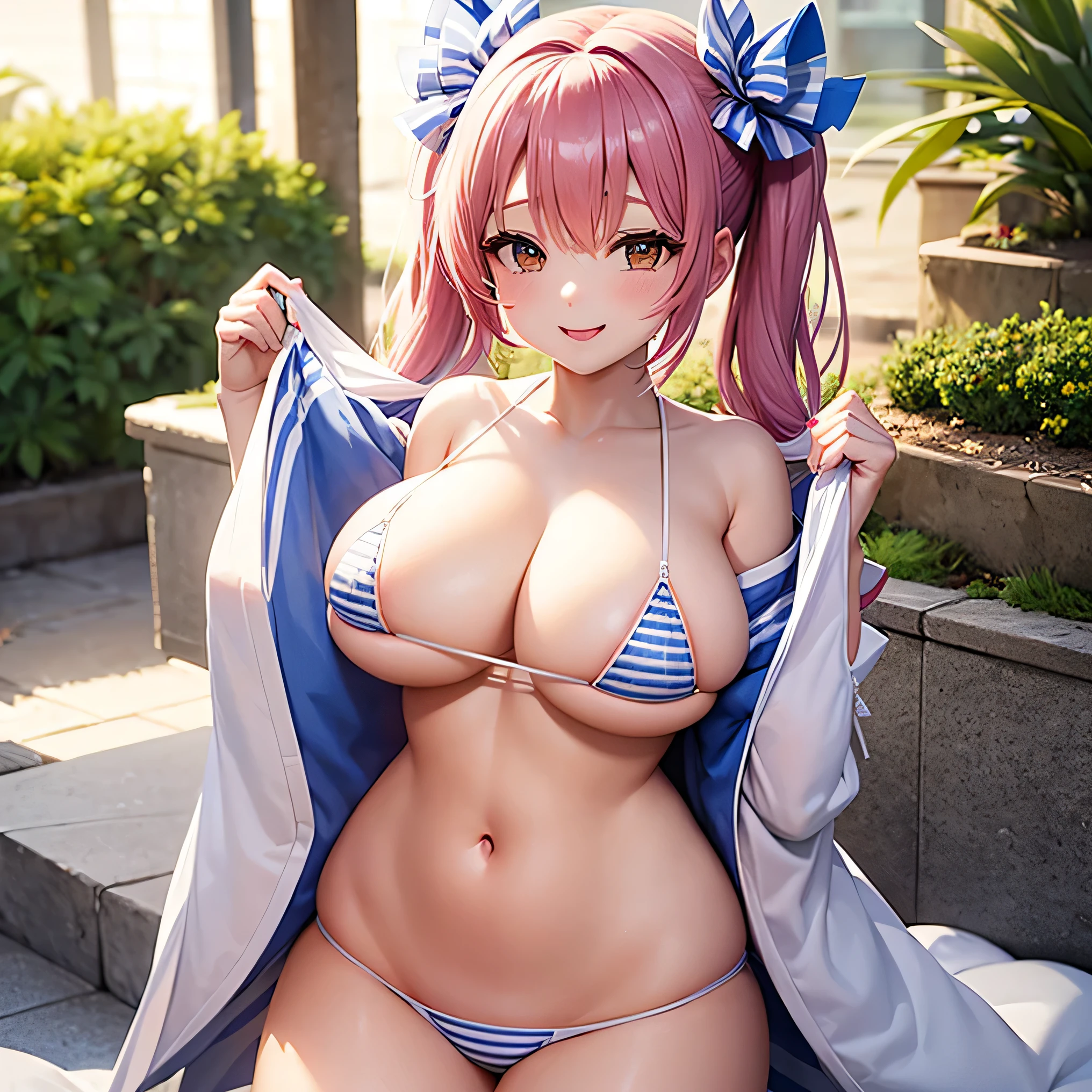 NSFW, Sakura hair color twintails, white kimono, very big breasts, Micro bikini with white and blue stripes, white and blue striped panties, Ecstatic smile, very out one's crotch, mouth open, open the outfit, Creampie floods out of open vaginal hole, penetrate the penis to vaginal opening, hard core sex,