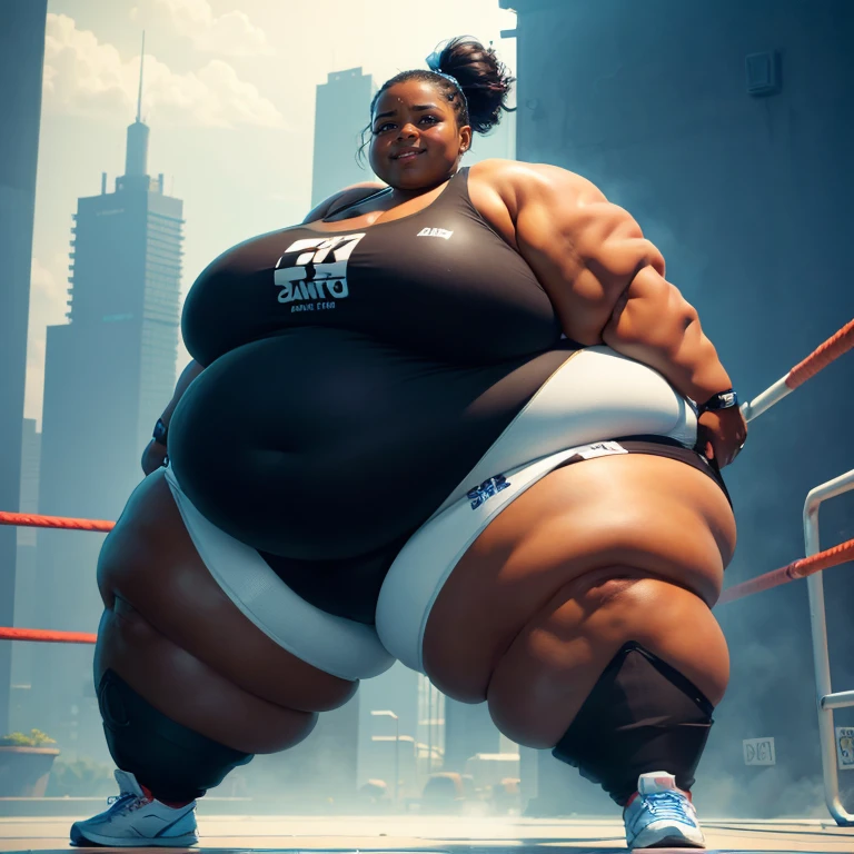 ((Dark skin)), ((dark skinned female)), ((brown skin)) ((giantess)), ((strongfat)), ssbbw, obese, ((strong arms)), white hair, blue eyes, ((tall)), (gentle smile), (wrestling gear), gigantic, insanely large belly, sweaty, subtle blush, (bare arms), ((gigantic biceps)), leotard, fingerless gloves, wrestling ring background, clear face, large eyes, ((heavy shading on lower half of the body)), ((cute face)), ((large bicep muscles)), ((looking down at viewer)),