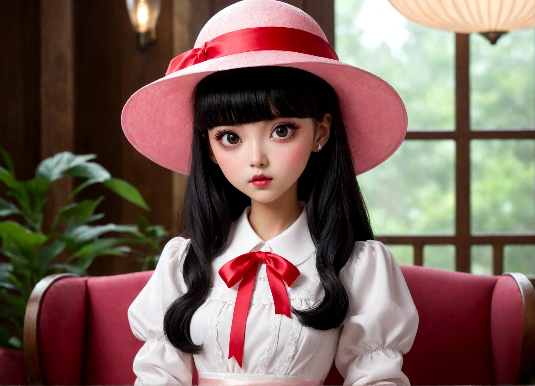 The pink cute candy is worn as a hat with a red ribbon, Long sleeve white dress, And heeled shoes. Her black bangs peeked out from under her hat、Each eye has three eyelashes。. Shine; Sparkling