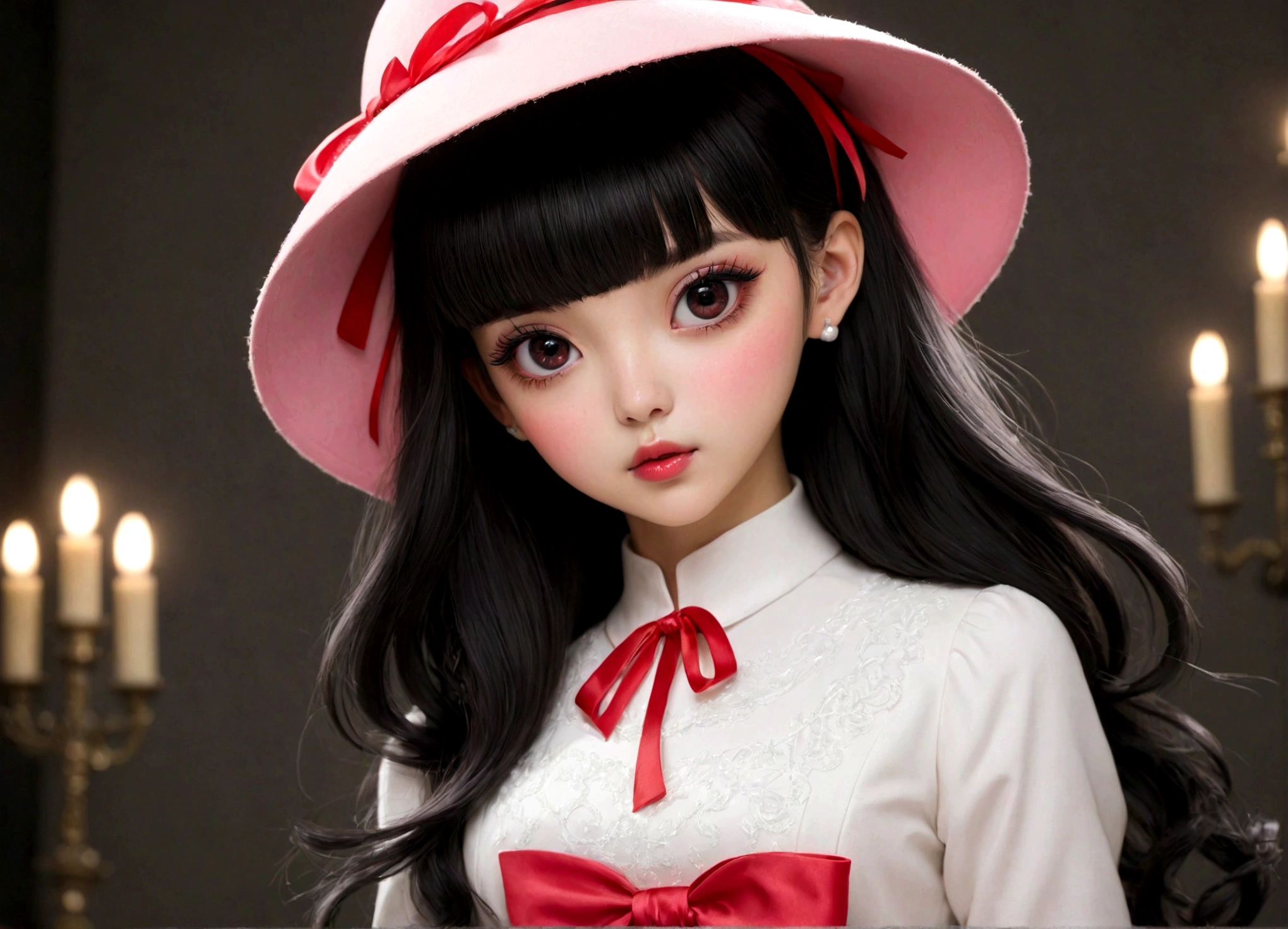 The pink cute candy is worn as a hat with a red ribbon, Long sleeve white dress, And heeled shoes. Her black bangs peeked out from under her hat、Each eye has three eyelashes。. Shine; Sparkling