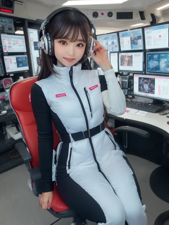 masterpiece, highest quality, Very detailed, 8K Portrait,Japanese Android Girl,plump , Control panel,Robotic arms and legs, Blunt bangs,,break (Metallic Gray, Metallic luster, Mirror finish, Astro Best):5,headphone:5,break (Black sleeves):100,Smart Watches,Futuristic space station,Control Room,break headphone,blue eyes,(Black Hair):2,(Long Hair):1.3,View the viewer,(respirator),break blush:3,Hidden Hand,smile