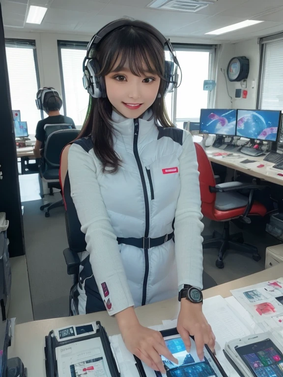 masterpiece, highest quality, Very detailed, 8K Portrait,Japanese Android Girl,plump , Control panel,Robotic arms and legs, Blunt bangs,,break (Metallic Gray, Metallic luster, Mirror finish, Astro Best):5,headphone:5,break (Black sleeves):100,Smart Watches,Futuristic space station,Control Room,break headphone,blue eyes,(Black Hair):2,(Long Hair):1.3,View the viewer,(respirator),break blush:3,Hidden Hand,smile