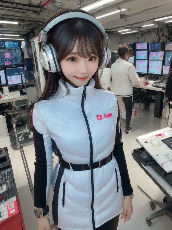 masterpiece, highest quality, Very detailed, 8K Portrait,Japanese Android Girl,plump , Control panel,Robotic arms and legs, Blunt bangs,,break (Metallic Gray, Metallic luster, Mirror finish, Astro Best):5,headphone:5,break (Black sleeves):100,Smart Watches,Futuristic space station,Control Room,break headphone,blue eyes,(Black Hair):2,(Long Hair):1.3,View the viewer,(respirator),break blush:3,Hidden Hand,smile