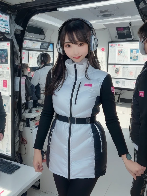 masterpiece, highest quality, Very detailed, 8K Portrait,Japanese Android Girl,plump , Control panel,Robotic arms and legs, Blunt bangs,,break (Metallic Gray, Metallic luster, Mirror finish, Astro Best):5,headphone:5,break (Black sleeves):100,Smart Watches,Futuristic space station,Control Room,break headphone,blue eyes,(Black Hair):2,(Long Hair):1.3,View the viewer,(respirator),break blush:3,Hidden Hand,smile