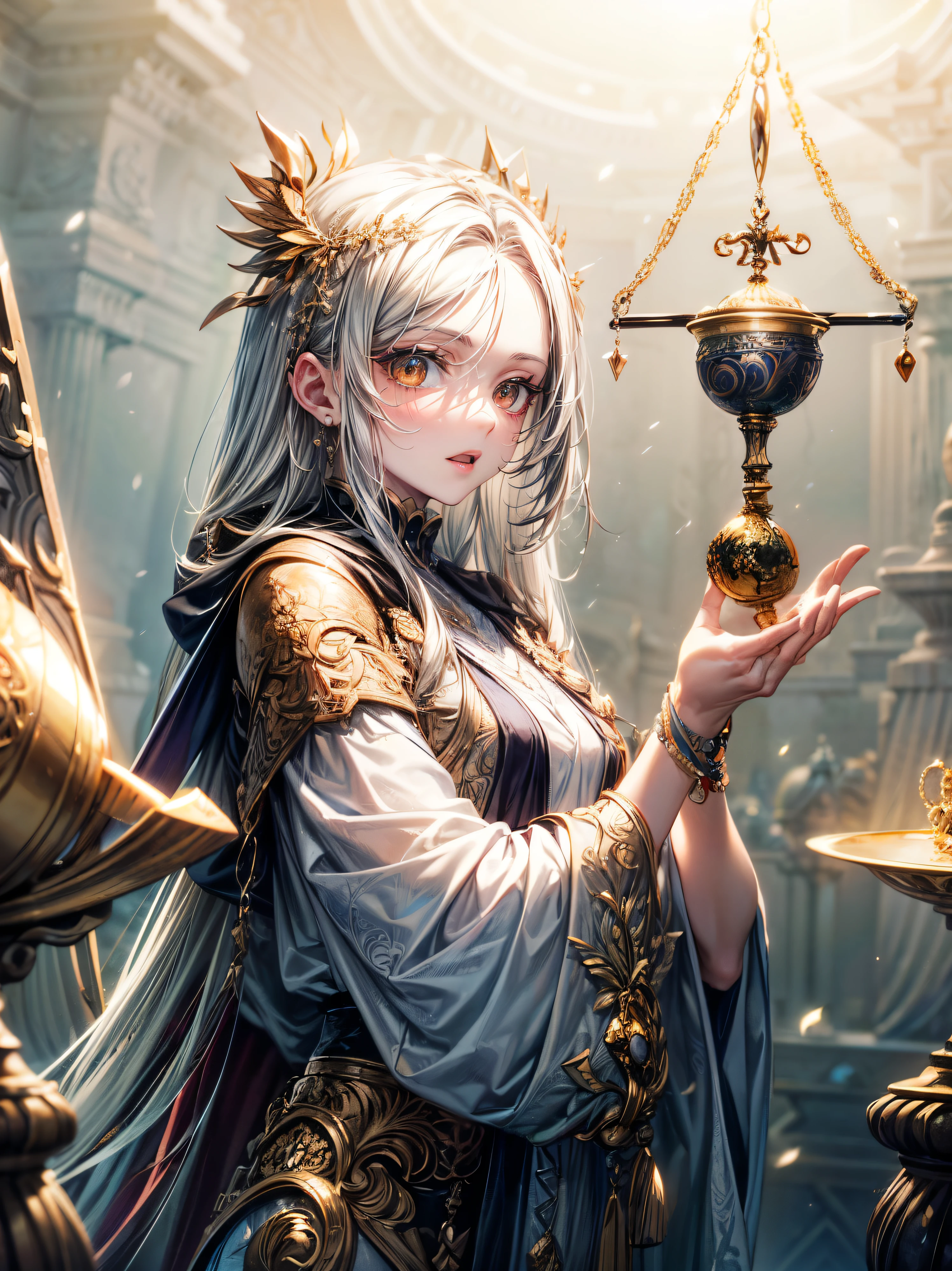 masterpiece,highest quality,Ultra high definition, The Goddess Themis, Greek mythology,((Forehead hair)),white hair,(The balance scales of justice in my hand),(holding up the scales),deep brown eyes, white draped robe, scales, (Deep brown eyes)
