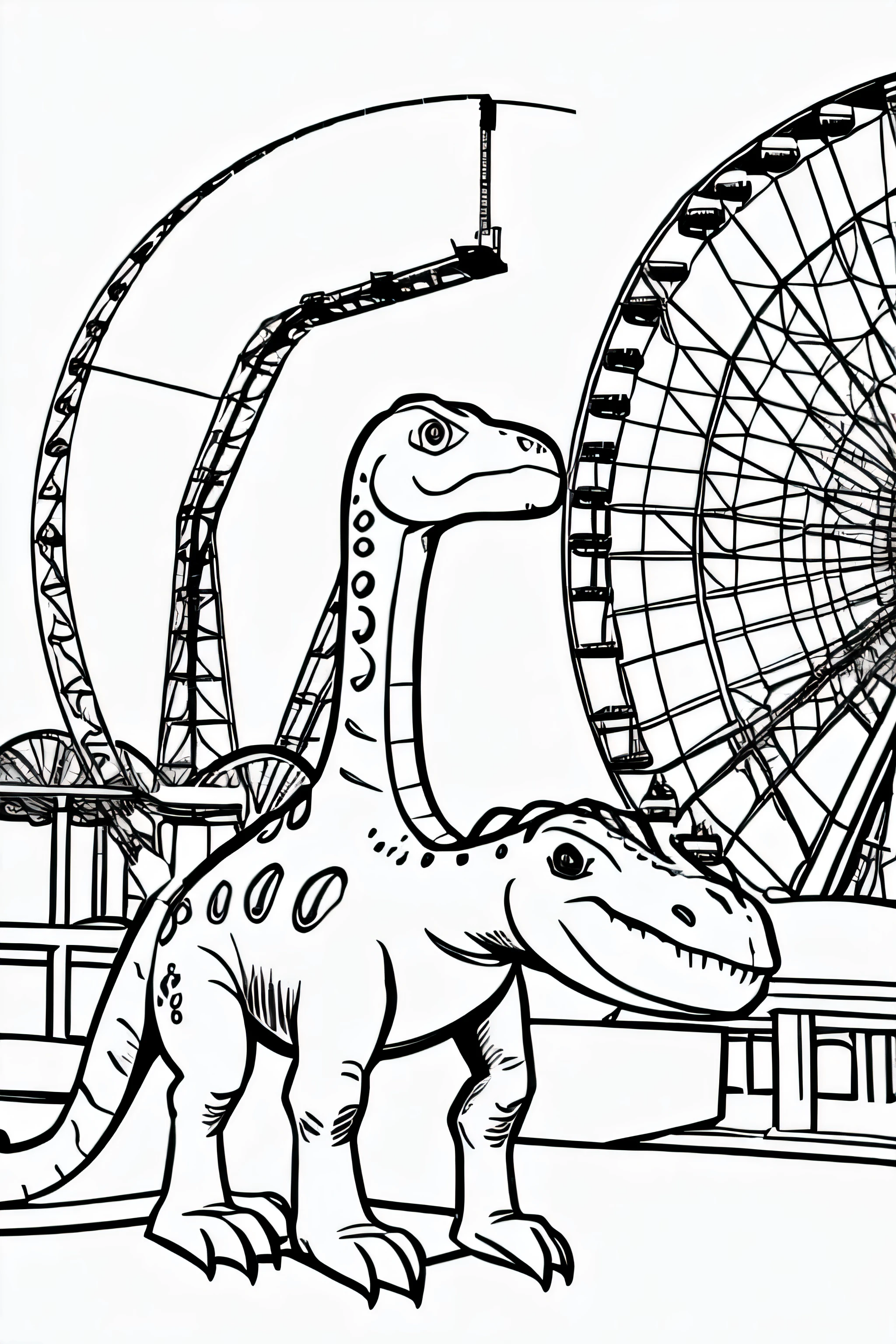 Create an illustration of a cute dinosaur taking a ride on a Ferris wheel at an amusement park for a kids' coloring book. The dinosaur should be in black and white, featuring simple and clear lines suitable for coloring. The style should be friendly and appealing to children, with a playful expression and round, non-threatening features. Ensure the resolution is high (300 DPI) to make it print-ready for a coloring book
