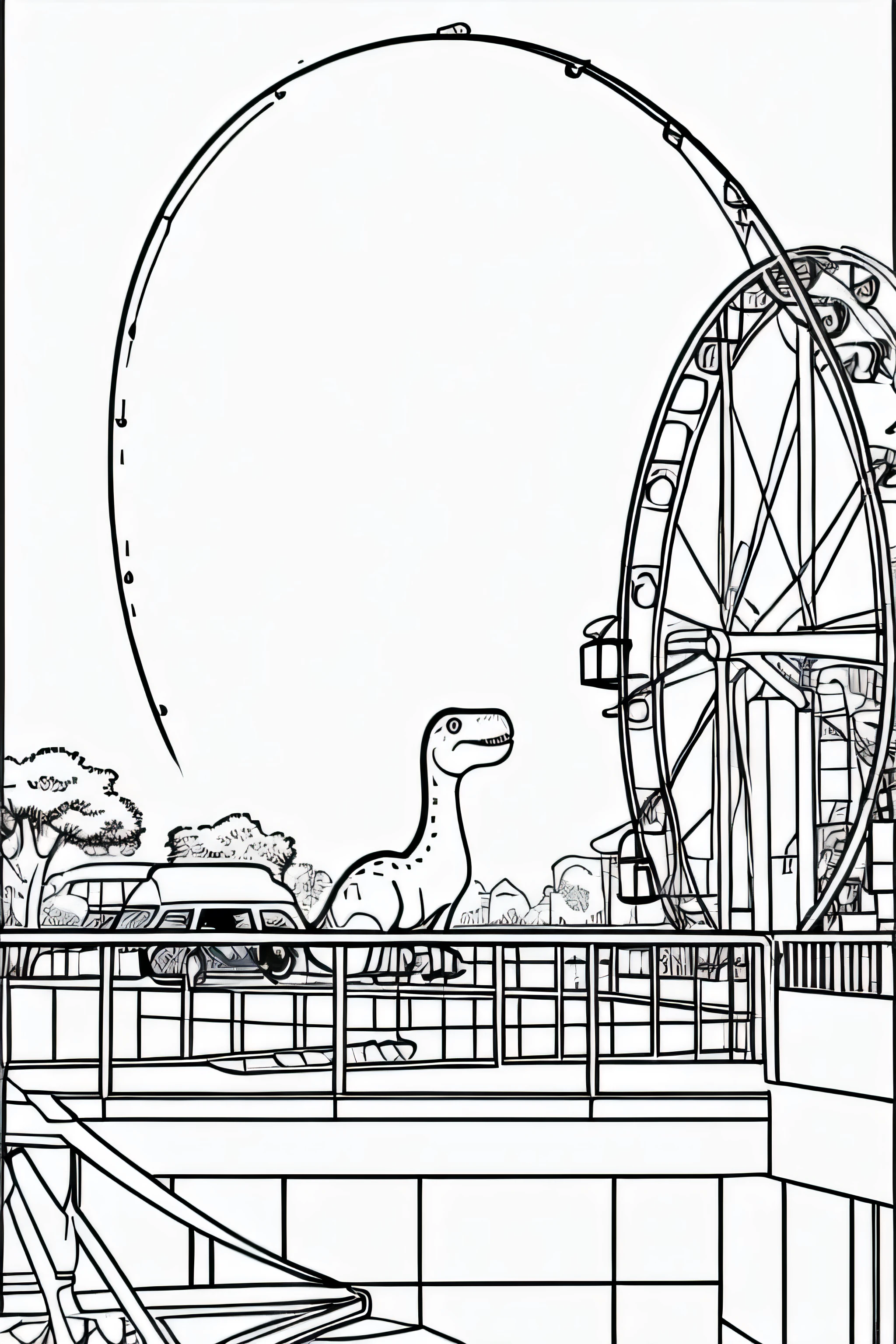 Create an illustration of a cute dinosaur taking a ride on a Ferris wheel at an amusement park for a kids' coloring book. The dinosaur should be in black and white, featuring simple and clear lines suitable for coloring. The style should be friendly and appealing to children, with a playful expression and round, non-threatening features. Ensure the resolution is high (300 DPI) to make it print-ready for a coloring book