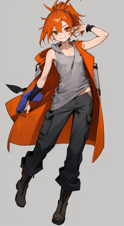 ((highest quality)), ((masterpiece)), (be familiar with),woman,Orange Hair,semi-long,ponytail,{{nsfw}},Sleeveless hoodie,Grey Shirt,cargo pants,Captivating smile,whole body,boots,Long coat,Erect nipples,Flat Chest