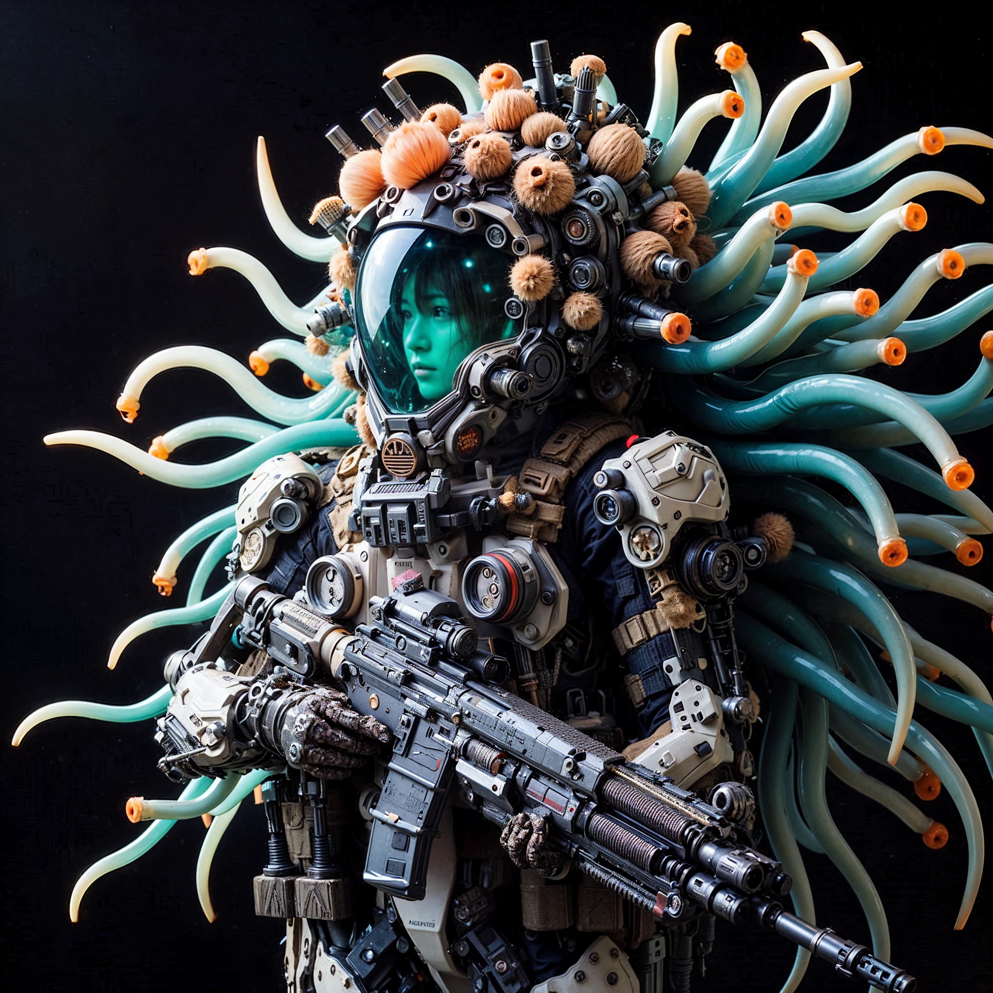 ultra high res,8k,(Photorealsitic:1.4), (beast-like animal wear:1.2), designed by Hajime Katoki,heavy weapons,metallic textures,animal legs, (red hair), japanese female soldier,(ultra beautiful face),((super realistic all textures)), ((super intricate all details)), full body shot, ultra sharp photo result, Acrylic Clear Cover, Hydraulic cylinder, style, taken with Fuji film X-T30+Nokton. HDR10,Minimum of 4 pieces created