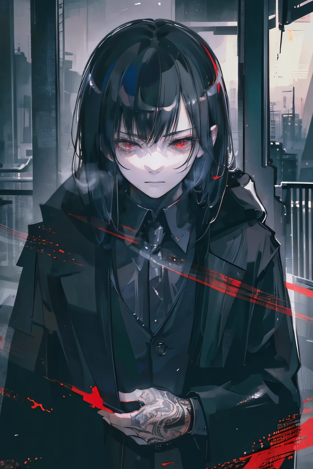 a young boy with long messy black hair, wearing a black overcoat, blue oni mask, red eyes, (best quality,4k,8k,highres,masterpiece:1.2),ultra-detailed,(realistic,photorealistic,photo-realistic:1.37),sui ishida artstyle,intricate details,highly detailed face,extremely detailed eyes and face,longeyelashes,cinematic lighting,dramatic lighting,moody lighting,dark atmosphere,intense colors