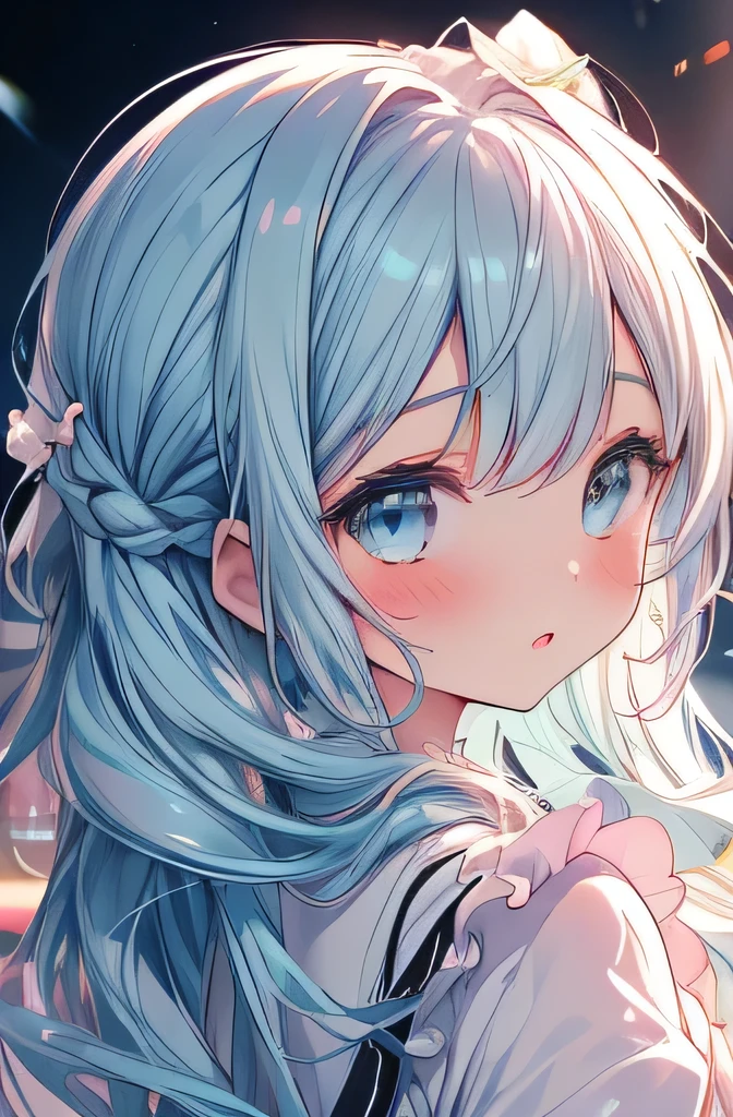 ((masterpiece, best quality, extremely detailed, absurdres)),, masterpiece, best quality, extremely detailed, (((light blue long hair))), long hair cute anime faces,detailed light,parted lips,shiny、beautiful detailed face,,longhair、(((( light blue long hair)))),,10 years old, , 1girl, solo, flat chest, blush, bangs, 

caramel、Perfect beautiful woman,masterpiece, best quality, {{{perfect 🟠}}}, dribbble style illustration,1girl,,{amber} theme,,{{cutie sugar}}, beautiful eyes,{harajuku},[lolita], ❤️, sunlight,magical,[amber],pure honey blade、Face zoom, facial expressions、turn around、White Frills　clothes