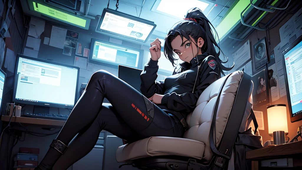 Uma garota de 16 anos, hacker and rebel technology expert who fights against oppressive systems and for freedom of information. She is in her cozy and relaxing room
