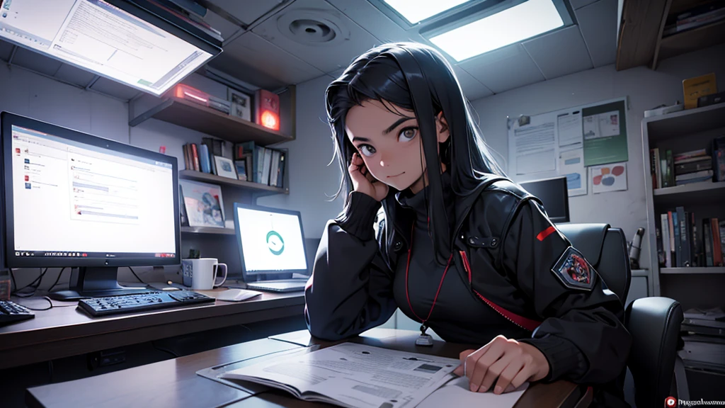 Uma garota de 16 anos, hacker and rebel technology expert who fights against oppressive systems and for freedom of information. She is in her cozy and relaxing room