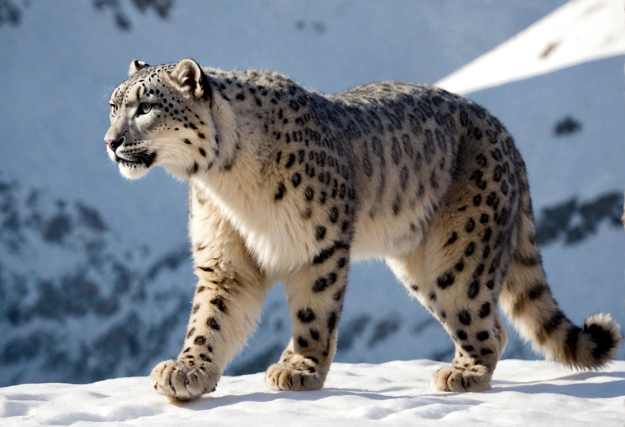 snow leopard walking, fluffy snow leopard, bobbed tail, fullbody, side view