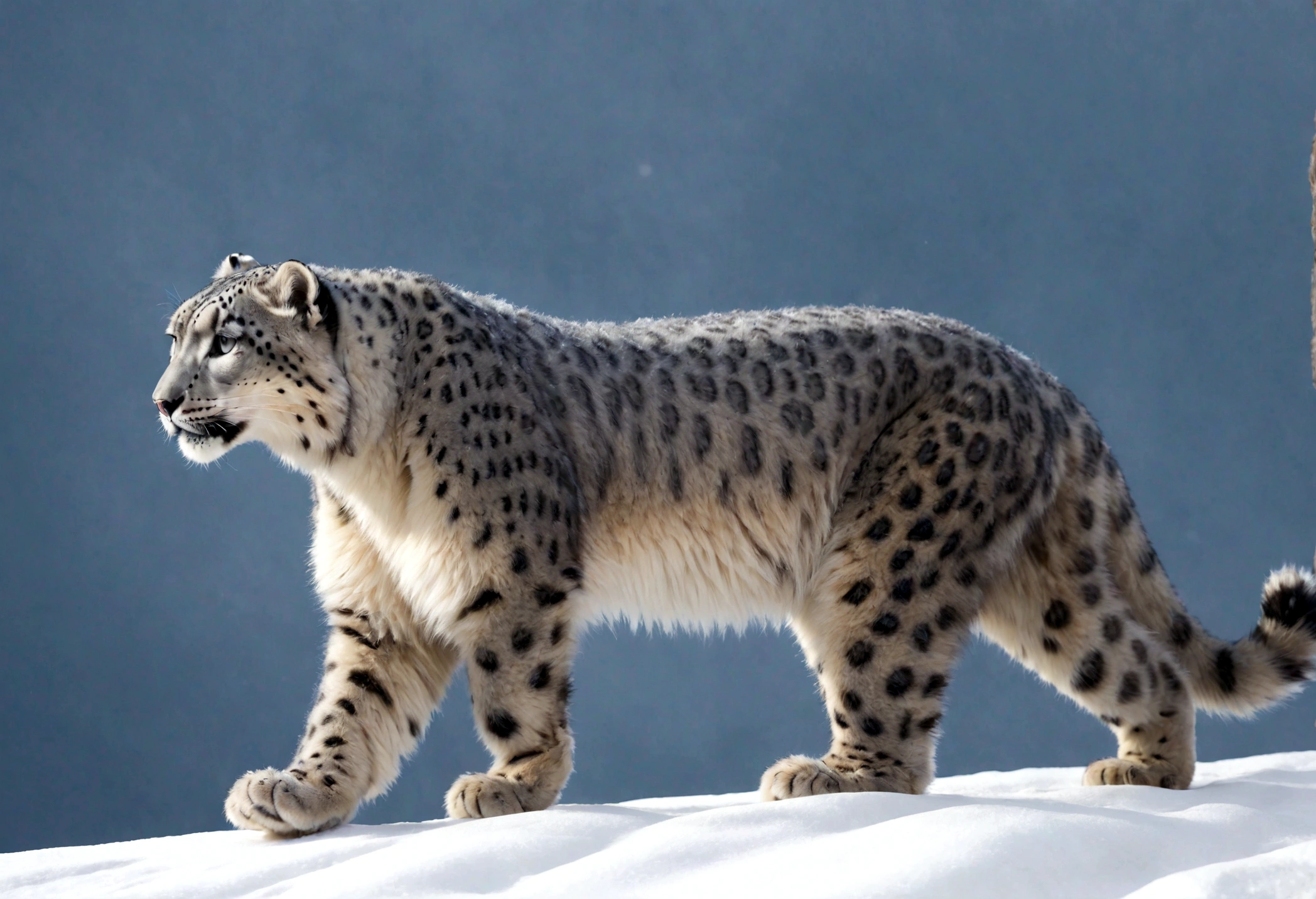 snow leopard walking, fluffy snow leopard, bobbed tail, fullbody, side view