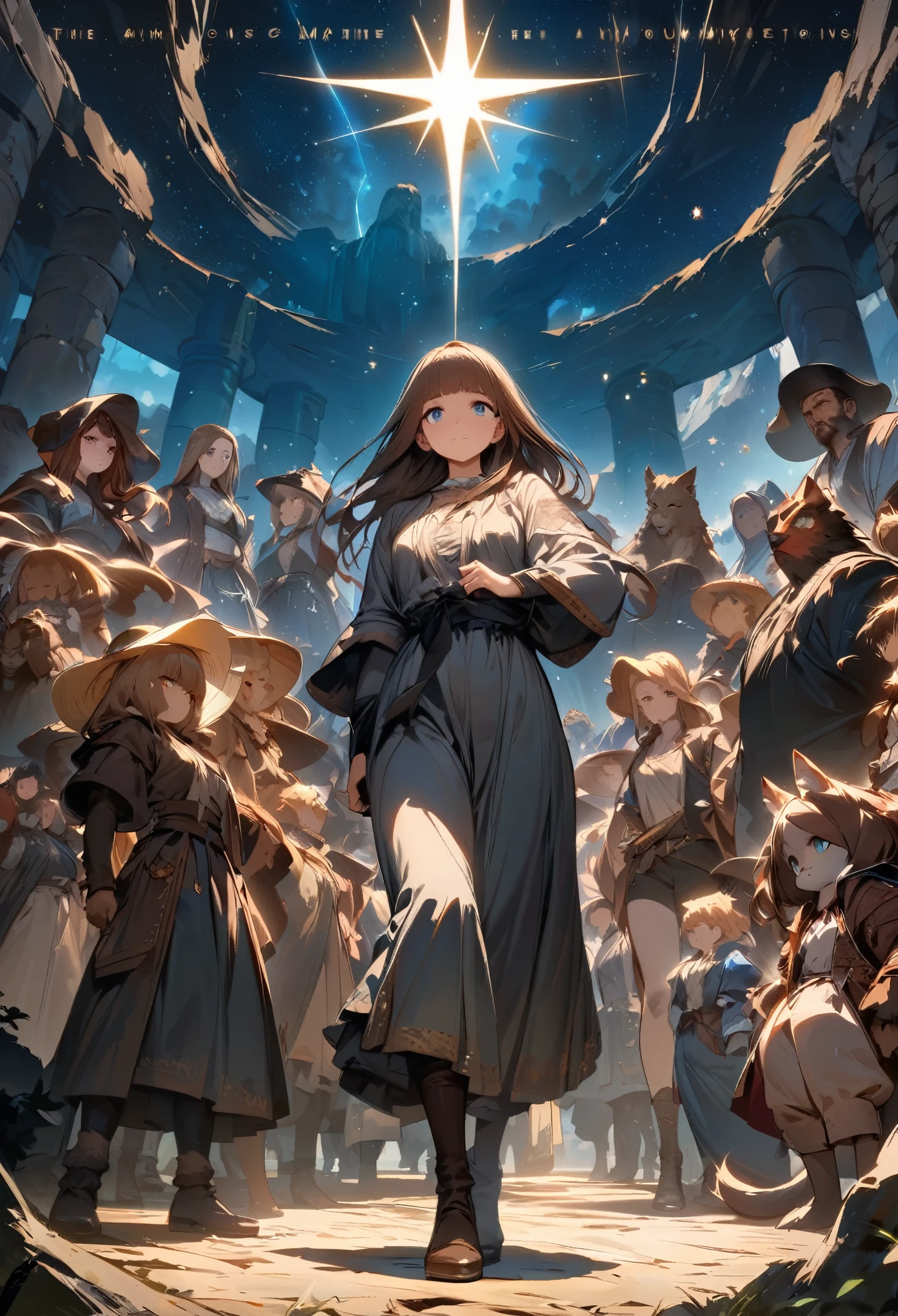 cover page, highres, top quality, best quality, paid reward available, unparalleled masterpiece, perfect artwork, absurdres, High-quality illustrations by John William Waterhouse, by Johannes Vermeer, super high resolution, detailed background, Characters undergoing physical and psychological transformations, confronting bizarre entities within the mountains, A scene featuring a vast expanse of starry sky in the distance, hinting at the unknown mysteries the mountains hold, 6+boys, 6+girls, absurdres(highly detailed beautiful face and eyes)perfect anatomy, expression, good lighting, cinematic shadow(kemono, furry anthro)assorted poses, dynamic angle,