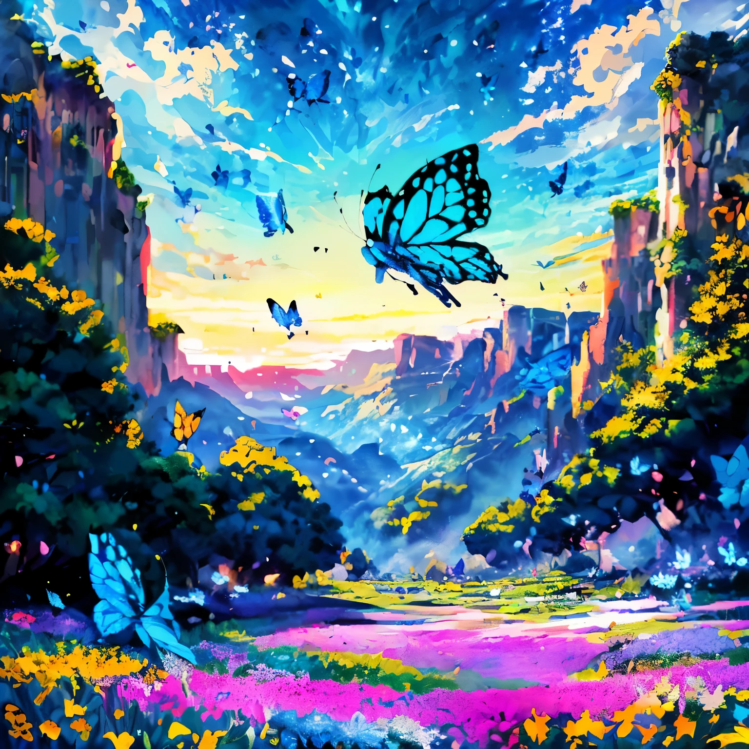 (butterfly:1.5),(landscape:1.5), (Pixel art:1.5), (pixel theme:1.5), (Fantasy:1.5), (Beautiful views:1.5),(landscapes:1.5),(colorful butterfly:1.5),(heaven:1.5),(Beautiful flower field:1.5),(Fantasy world:1.5),(world:1.5),(Scenic:1.5),(lots of flying blue butterfly:1.5), (Great illustrations:1.5),(dynamic:1.3), (Absurd:1.5),(Ultra_detailed:1.5),(delicate:1.5),(顔の表情のdetailed:1.5),(highest quality:1.5),(masterpiece:1.5),