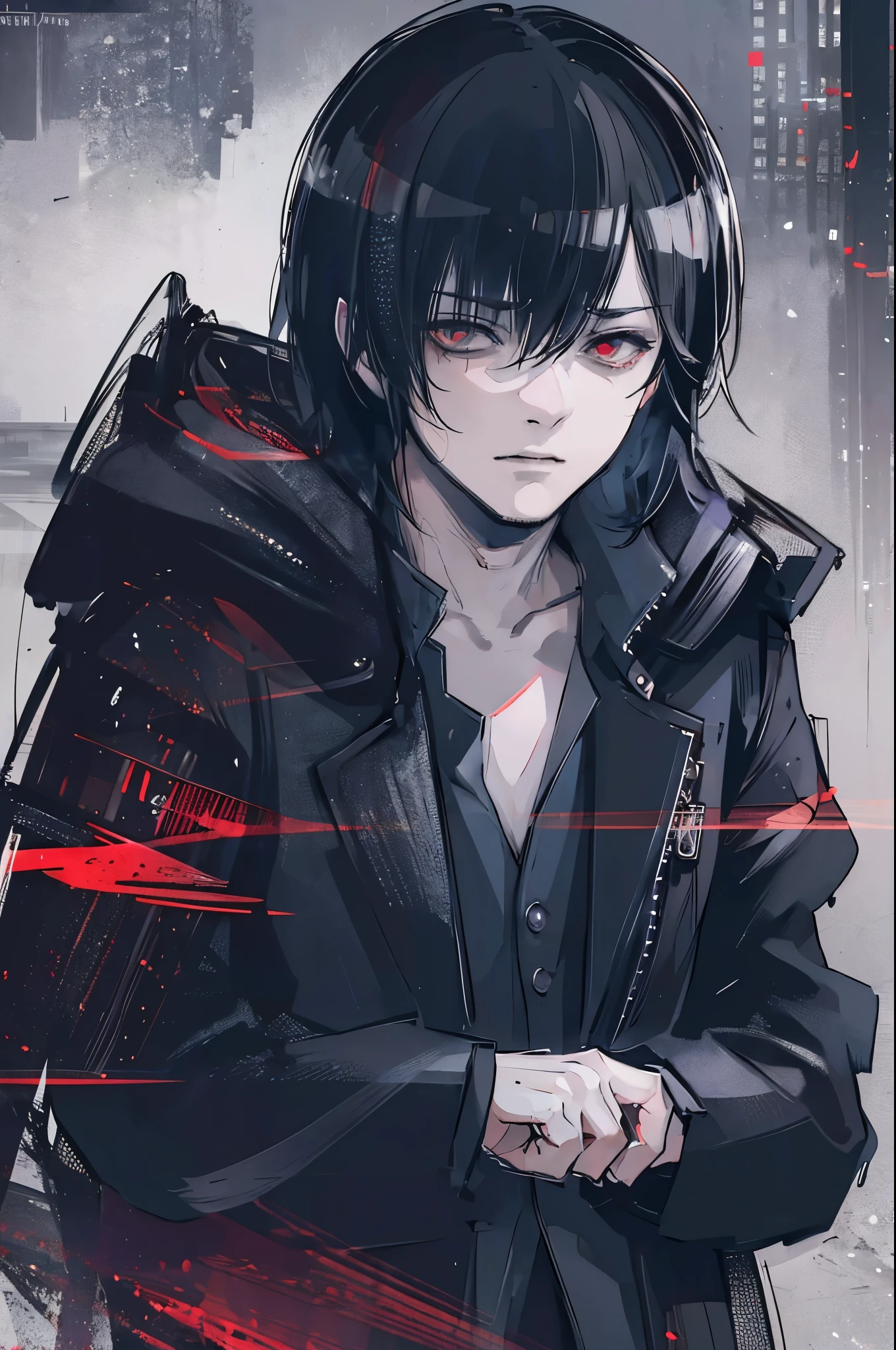 a young boy with long messy black hair, wearing a black overcoat, wearing blue oni mask, red eyes, (best quality,4k,8k,highres,masterpiece:1.2),ultra-detailed,(realistic,photorealistic,photo-realistic:1.37),sui ishida artstyle,intricate details,highly detailed face,extremely detailed eyes and face,longeyelashes,cinematic lighting,dramatic lighting,moody lighting,dark atmosphere,intense colors
