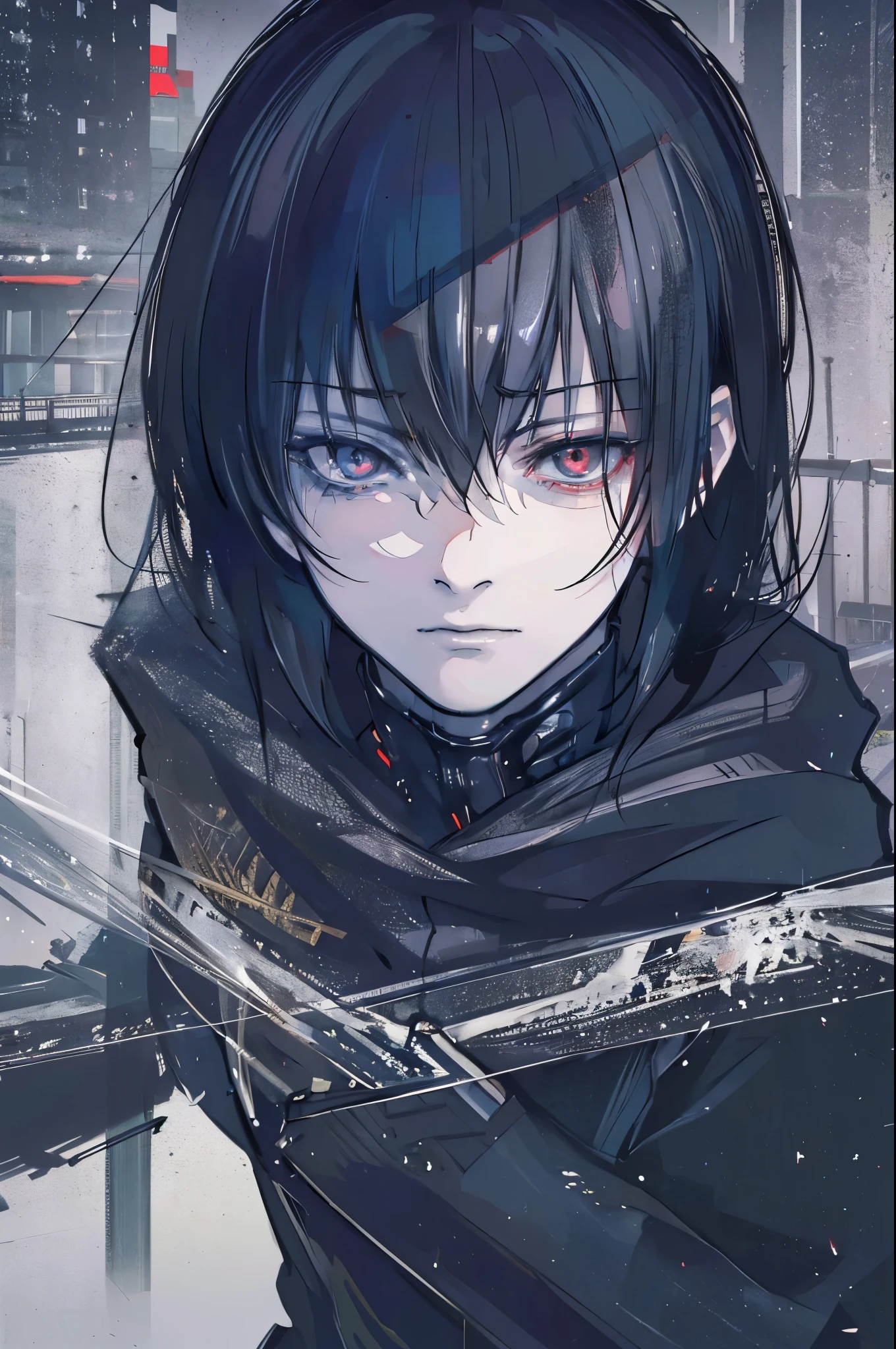 a young boy with long messy black hair, wearing a black overcoat, wearing blue oni mask, red eyes, (best quality,4k,8k,highres,masterpiece:1.2),ultra-detailed,(realistic,photorealistic,photo-realistic:1.37),sui ishida artstyle,intricate details,highly detailed face,extremely detailed eyes and face,longeyelashes,cinematic lighting,dramatic lighting,moody lighting,dark atmosphere,intense colors