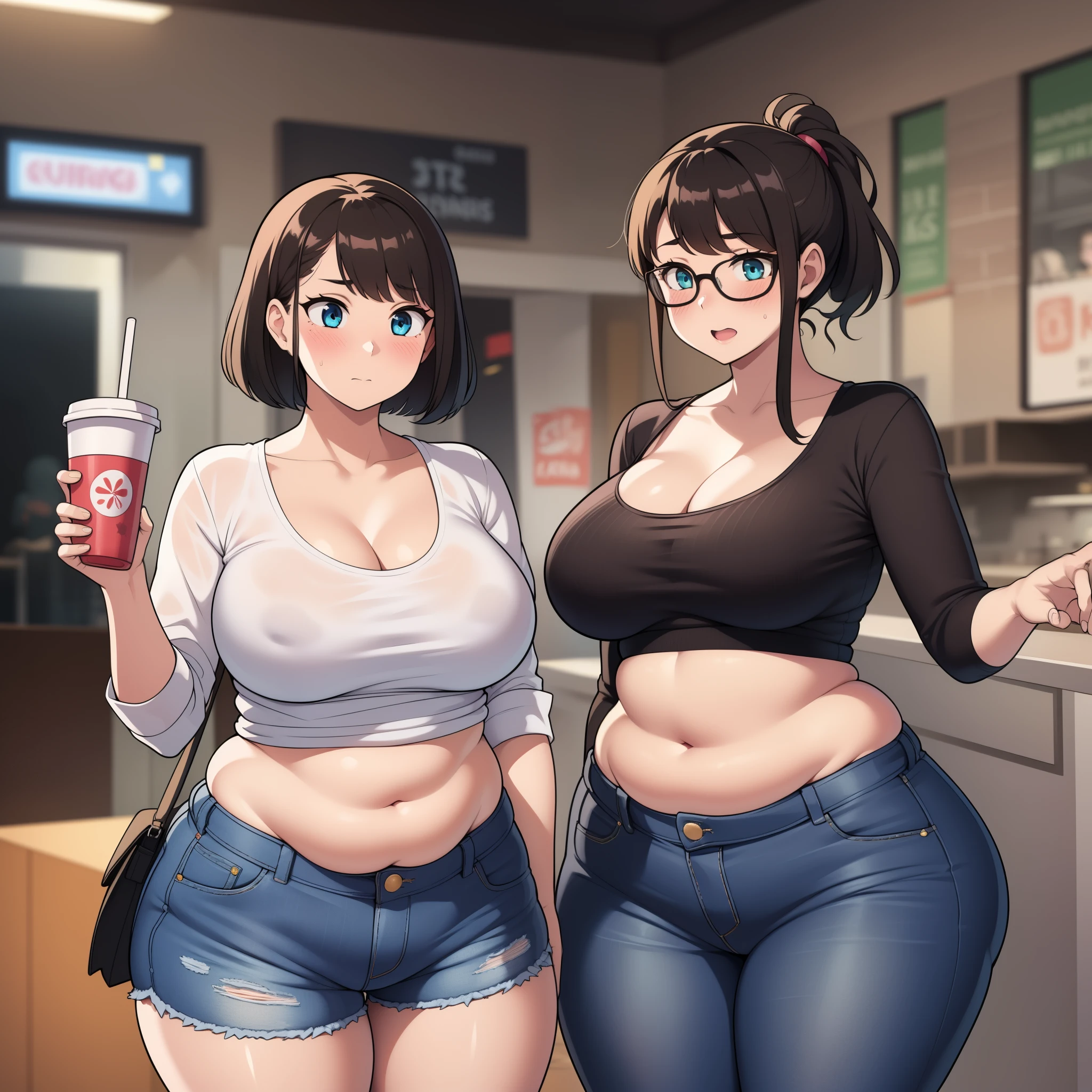 ((highres)), Masterpiece, high quality, best quality, beautiful, perfect lighting, detailed face, ultra cute face, (((3girls))), ((blush)), embarrassment, one girl has blonde hair, blue eyes, crop top and shorts, skindentation, one girl has brown hair, green eyes, jeans, white shirt, tight clothes, one girl has, Short black hair, brown eyes, crop top and shorts full body, fast food restaurant, cleavage, medium breasts, ((wide hips)), ((thick thighs)), ((plump)), chubby belly, fat folds, belly hang, standing, touching each other,