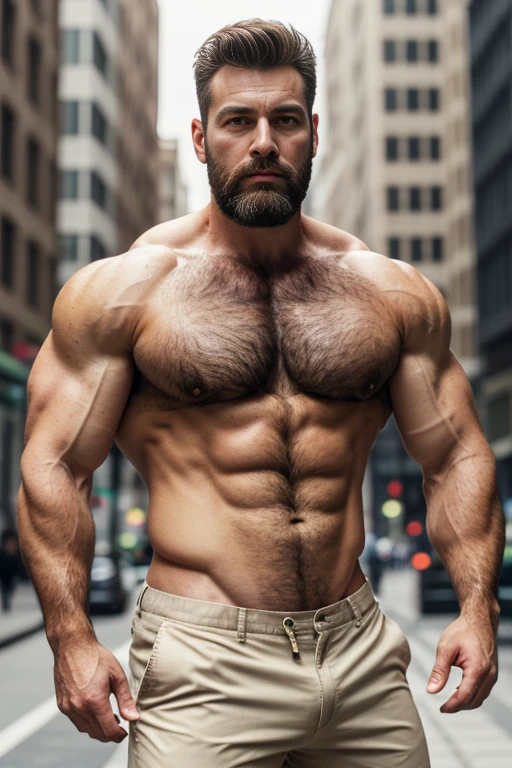 Mature man, very handsome, best quality, shirt formal beige trousers, hairy chest , masterpiece, super high resolution, detailed background, reality, , single, 1 boy, muscle man, beard, in the city, muscle, facial hair, volumetric lighting, depth of field, wheezing, raised crotch, handsome action, big dynamics,