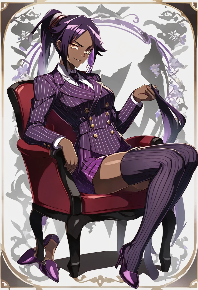  Full body Yoruichi as a thin Black business woman in a double breasted pinstripe purple  skirt suit while wearing a tie with a purple pinstripe skirt and with purple knee sock’s and stockings wearing purple heels while sitting full art anime 