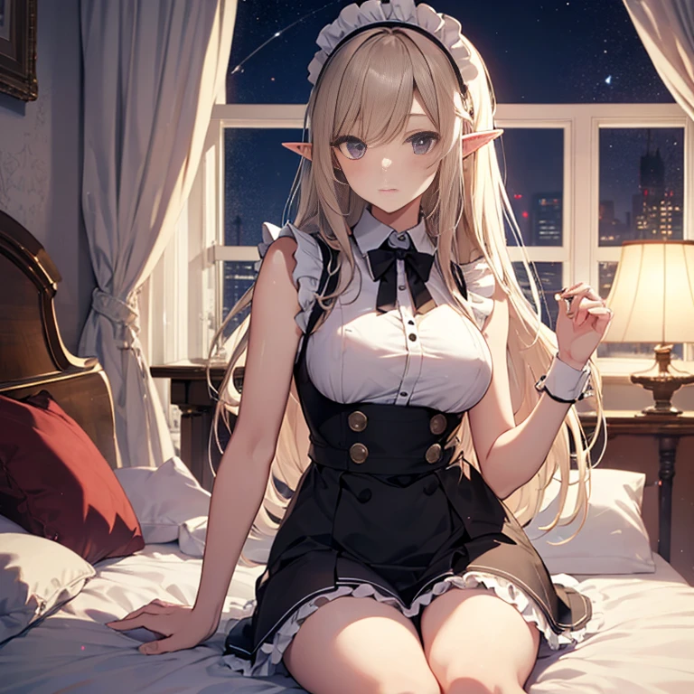 A maids, (in bedroom), various hair styles, night, details face, short skirt, seducing, sleeveless, maid uniform, armpits, elf, lay on bed