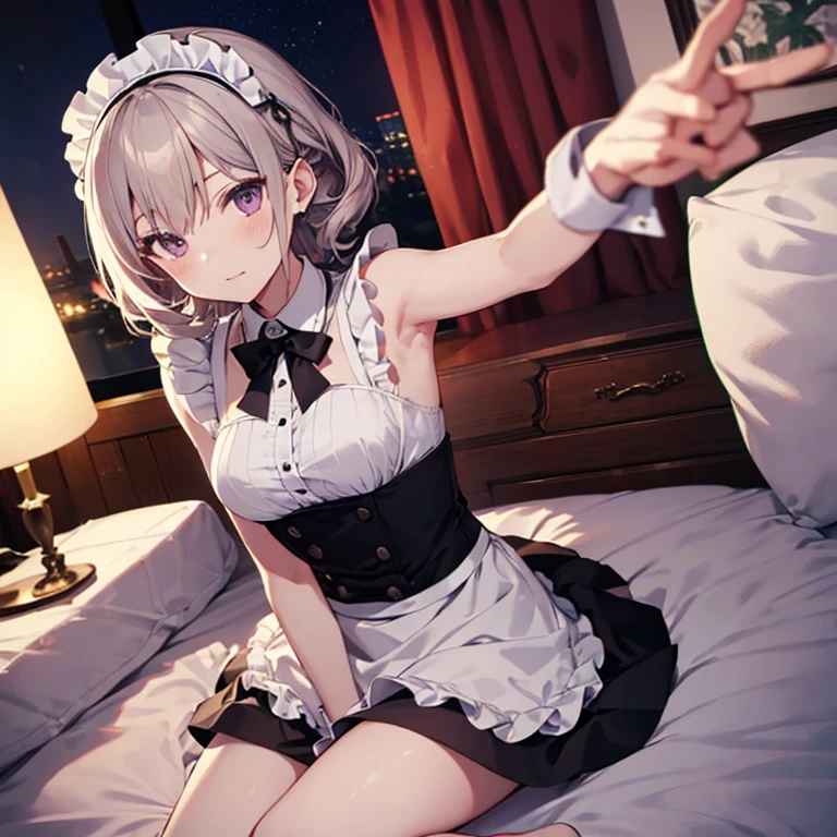 A maids, (in bedroom), various hair styles, night, details face, short skirt, seducing, sleeveless, maid uniform, armpits, lay on bed