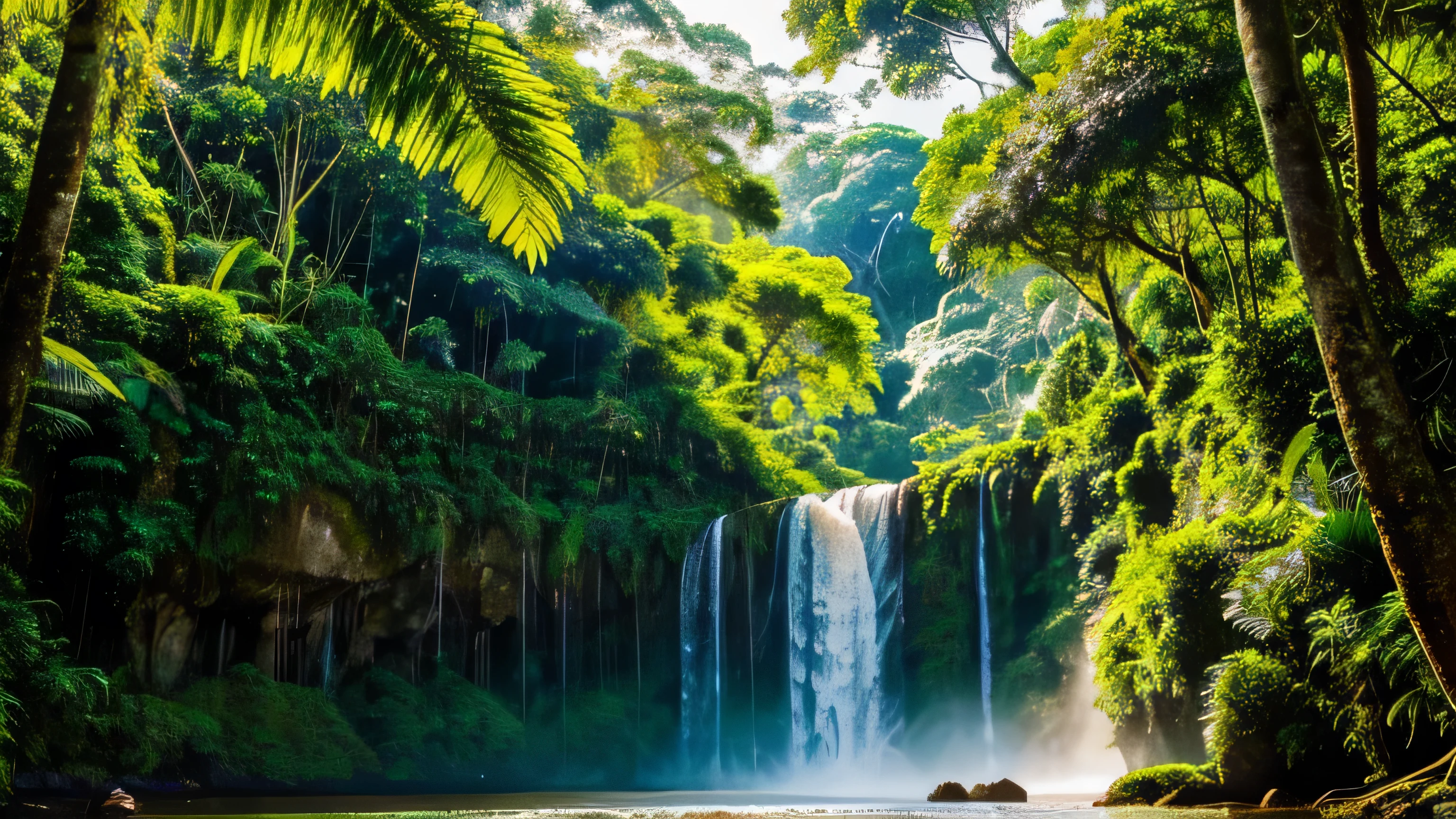 "Depict the lush, vibrant Amazon rainforest in the heart of South America. Highlight the dense canopy of diverse tropical trees with shades of green ranging from deep emerald to bright lime. Include various elements such as cascading waterfalls, winding rivers, and mist rising from the forest floor. Showcase a variety of wildlife, including colorful parrots, playful monkeys, and majestic jaguars. The atmosphere should feel alive and teeming with nature, with beams of sunlight piercing through the foliage, casting a magical glow on the flora and fauna. The overall mood should be awe-inspiring and serene, capturing the essence of this ancient and biodiverse ecosystem."