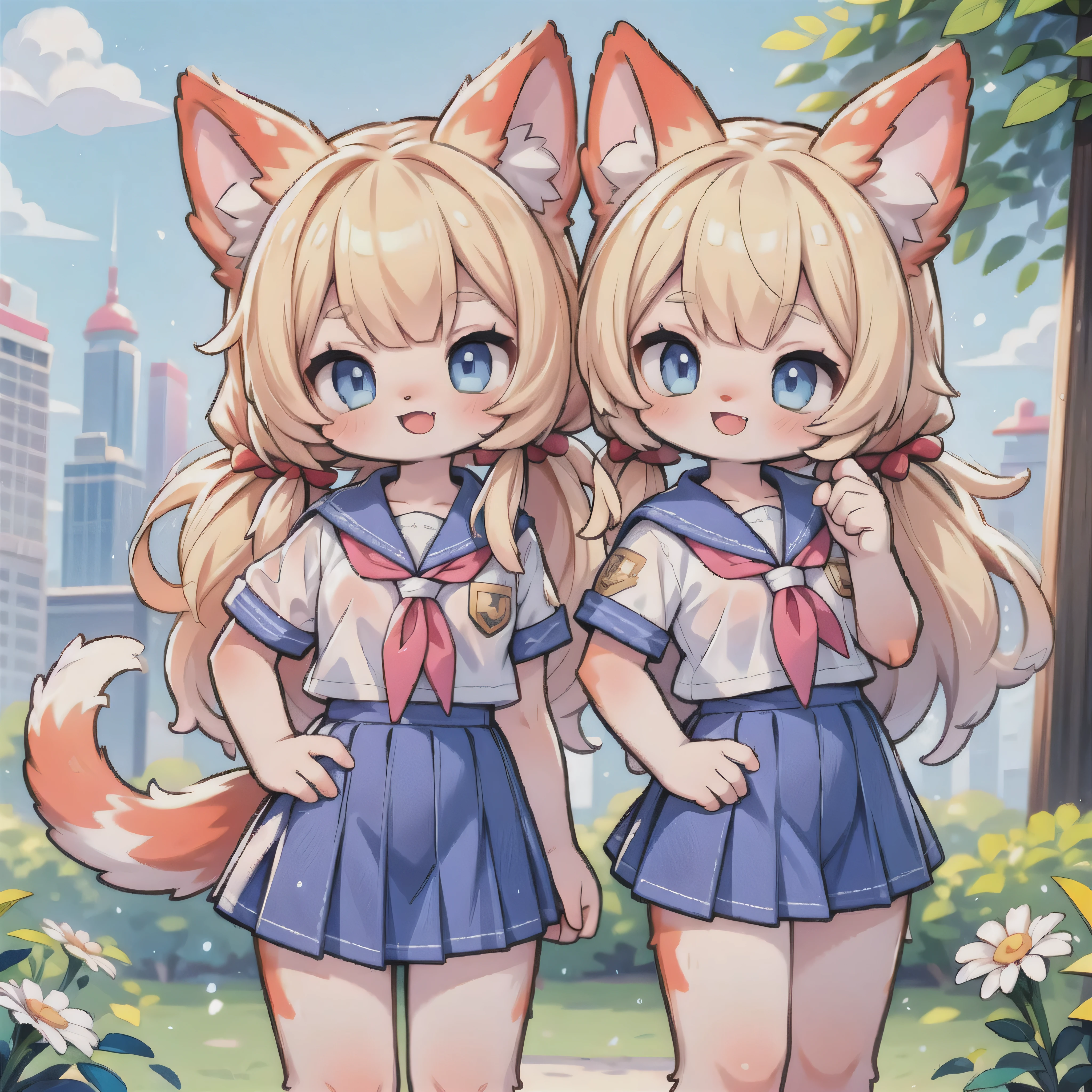 looking at viewer,clear sky,summer,sun,
(furry, furry female:1.2),body fur,animal ears,fang,(tail:1.2),cheerful,smile,open mouth,gyaru,
gold hair,low twintails,blunt bangs,blue eyes,
(school uniform:1.2),short short sleeves,short skirt,in city,craw pose,
cowboy shot,standing,leaning against,full body,