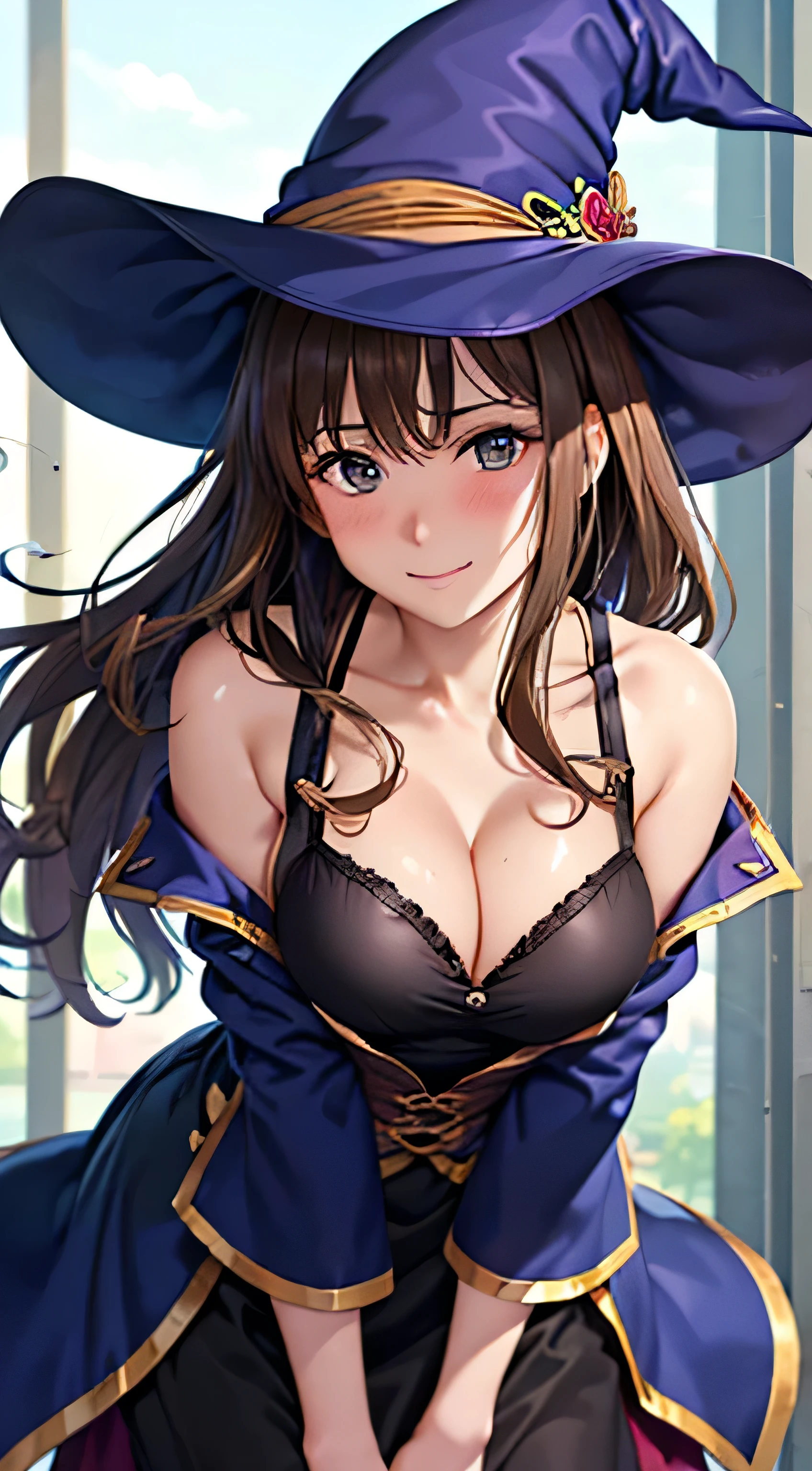 ((Tabletop, highest quality, High resolution, , Pixel Perfect, 4K, ))), Beautiful woman,, alone, beauty、The whole body is visible、 (((Sexy Witch Cosplay), Long dark blonde wavy hair、Off-the-shoulder jacket,　Dark blue flared skirt、Witch Hat、Mid-wave hair, bangs, Brown Hair)), ((Brown eyes, Beautiful eyelashes, Realistic eyes)), ((Detailed face, Blushing:1.2)), ((Smooth texture:0.75, Realistic texture:0.65, Realistic:1.1, Anime CG Style)), Center of chest, Dynamic Angle, Perfect body, ((,)), Leaning forward a lot、Emphasize cleavage with both arms、Looking up、、Very embarrassing panic smile, 、Castle town square、(The wind flipped up her skirt, 、、、、)、Angle from below