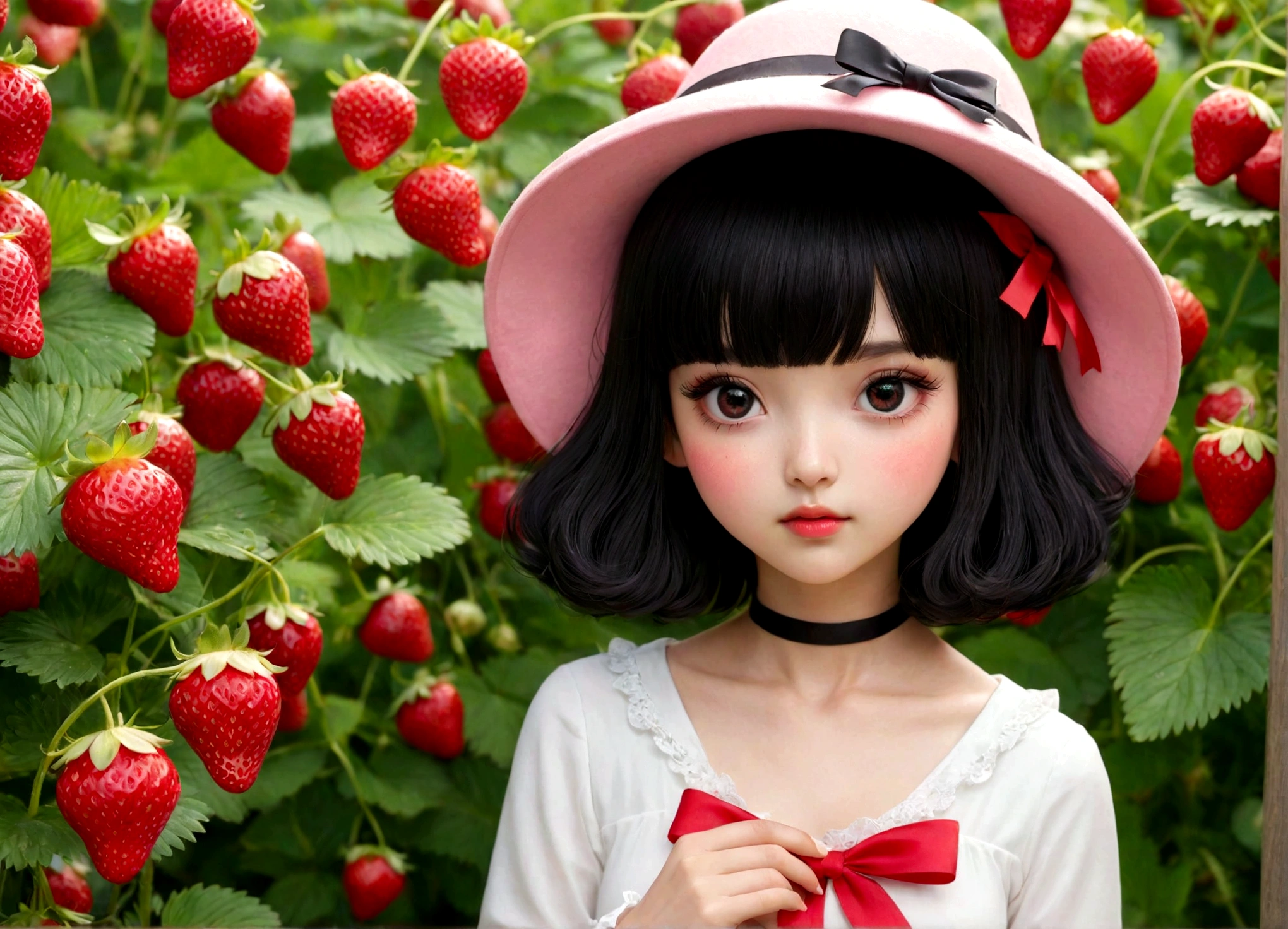 strawberry　pink　cute　girl　whole body　Wear it as a hat with a red ribbon, Long sleeve white dress, And heeled shoes. Her black bangs peeked out from under her hat、Each eye has three eyelashes。. Shine; Sparkling　strawberryの花