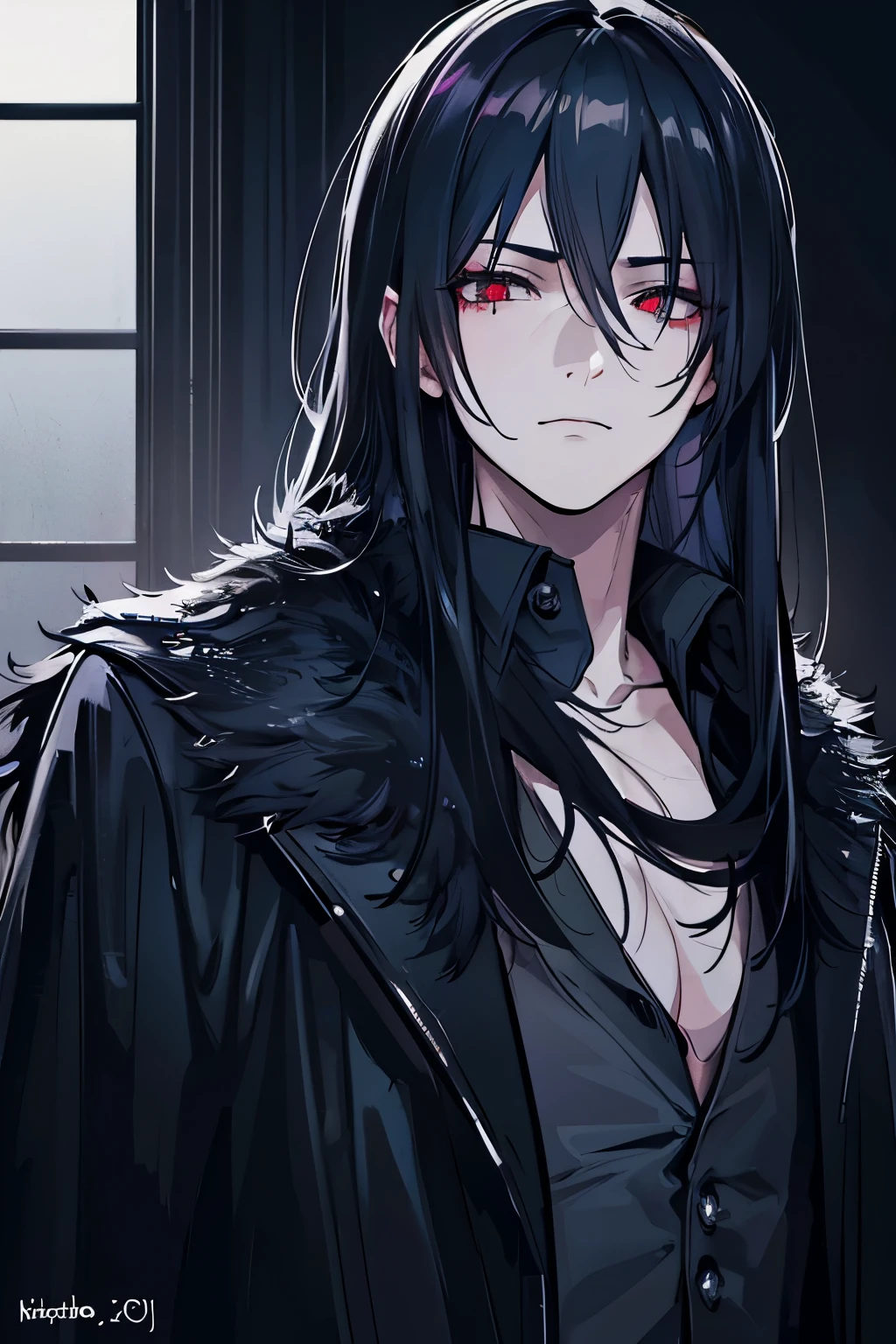 a young boy with long messy black hair, wearing a black overcoat, wearing blue oni mask, red eyes, (best quality,4k,8k,highres,masterpiece:1.2),ultra-detailed,(realistic,photorealistic,photo-realistic:1.37),sui ishida artstyle,intricate details,highly detailed face,extremely detailed eyes and face,longeyelashes,cinematic lighting,dramatic lighting,moody lighting,dark atmosphere,intense colors
