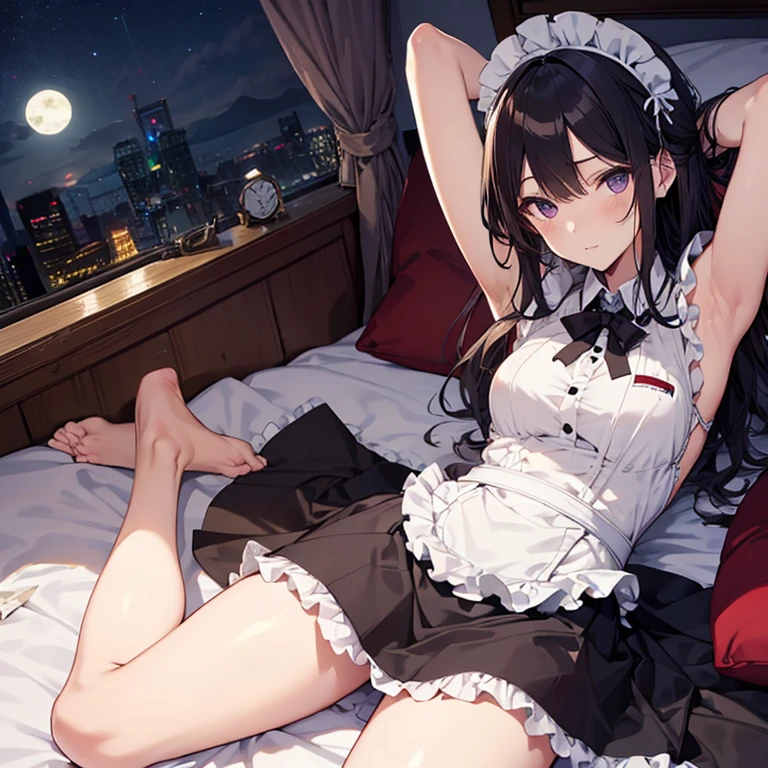 A maids, (in bedroom), various hair styles, night, details face, short skirt, seducing, sleeveless, maid uniform, armpits, lay on bed