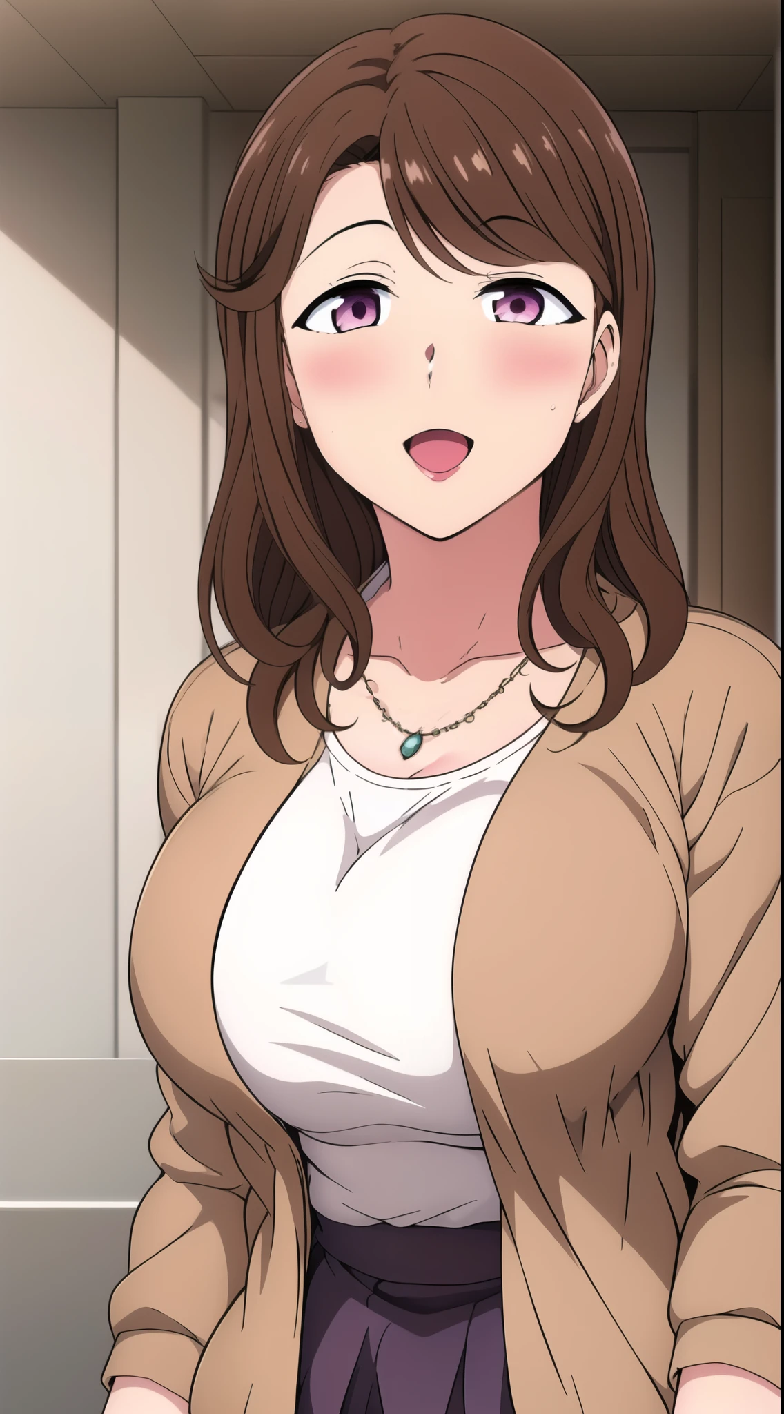 master piece, :D 1girl, breasts, solo, brown hair, pink eyes, PURPLE SKIRT , large breasts, looking at viewer, BLUSH, open mouth, long hair, collarbone, upper body, necklace, white dress, cardigan, brown jacket, , (((white shirt))), outside, park , mature female,(masterpiece: 1.0), (best_quality: 1.0), ultra high resolution, 4K, ultra detailed, photography, 8K, HDR, highres, absurders:1.2, Kodak portra 400, film grain, blurred background, bokeh:1.2, l (vibrant_color:1.2) (Beautiful), (beautiful_face:1.5),(narrow_waist), anime style, sharp focus, professional artwork,trending on pixiv, detailed bold arm lines, high color saturation, bold lines, bold drawing lines), open mouth, (white skin, (fair skin),
