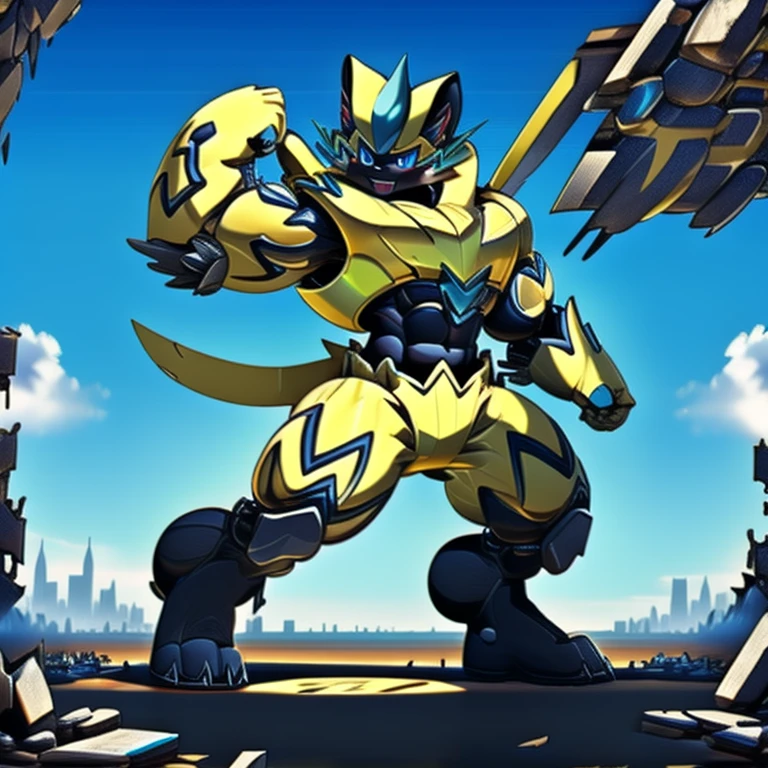 There are super huge zeraora in the background, The whole body is mechanical armor, The whole body is full of weapons，Complex mechanical structure, future world, destroyed city, gigantic 10 storey tall zeraora holding huge assault rifles on both, 