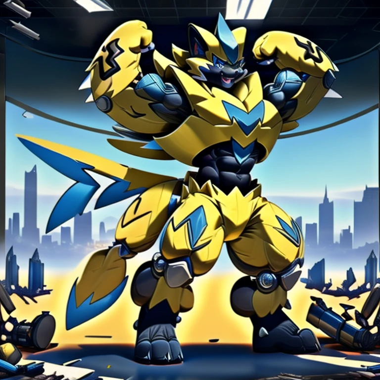 There are super huge zeraora in the background, The whole body is mechanical armor, The whole body is full of weapons，Complex mechanical structure, future world, destroyed city, gigantic 10 storey tall zeraora holding huge assault rifles on both, 