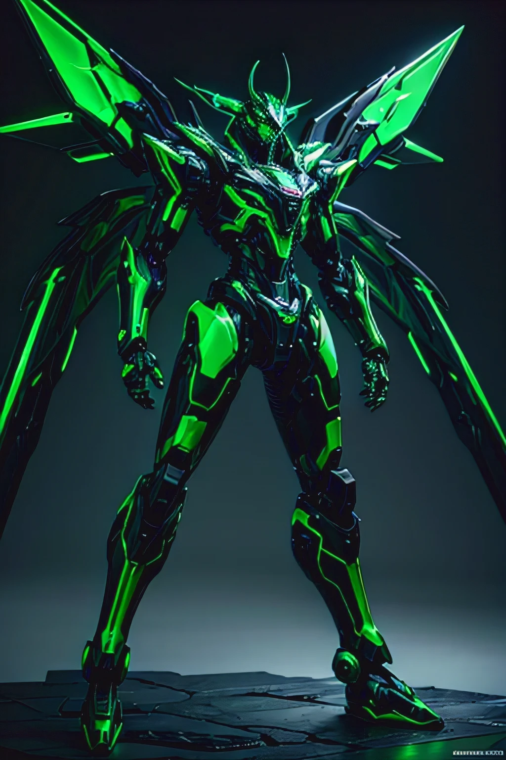 Male furry mecha dragon, black and green scales, glowing green eyes, mechanical wings, mechanical body, complex mechanical details, highly detailed, cinematic lighting, dramatic pose, fantasy, concept art, 8k, photorealistic