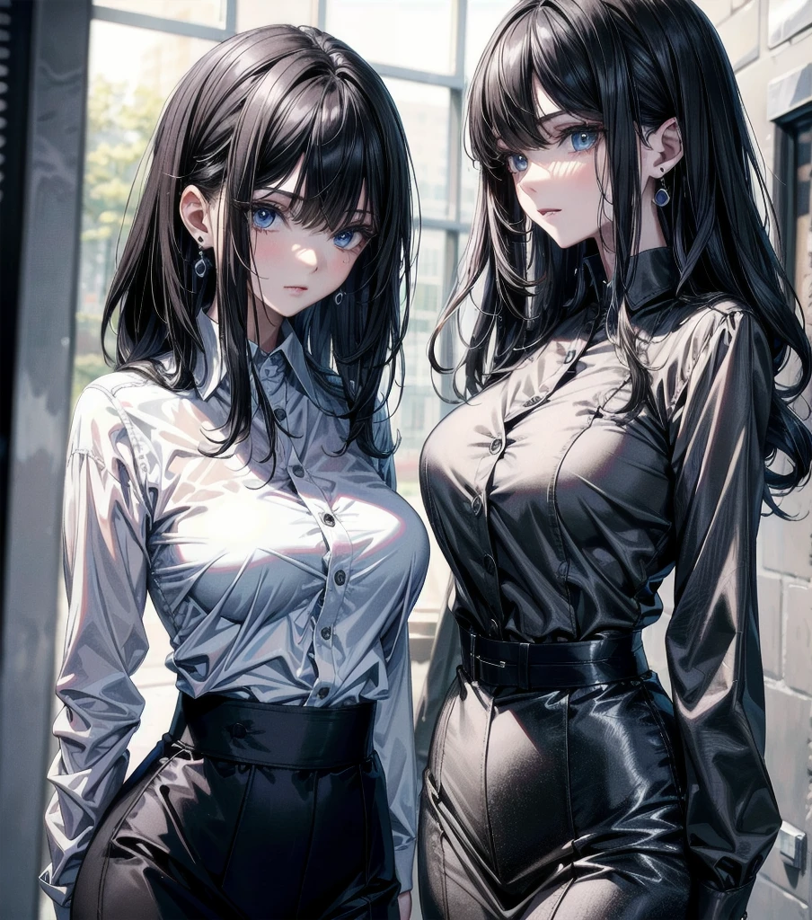 absurdres, RAW photo, extremely delicate, extremely beautiful, masterpiece, Best Quality, ultra high resolution, 32k, hyperrealistic, ultra-detailed description, perfect anatomy, pale skin, 20 years old, detailed beautiful face, detailed beautiful face eyes, tearful mole, earring, short medium hair, wavy hair, black hair, Colossal tits, slim body, narrow waist, whole body, business suit, blazer, blouse, skirt,