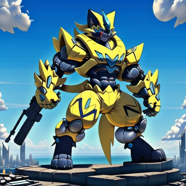 There are super huge zeraora in the background, The whole body is mechanical armor, The whole body is full of weapons,Complex mechanical structure, future world, destroyed city, gigantic 10 storey tall zeraora holding huge assault rifles on both,