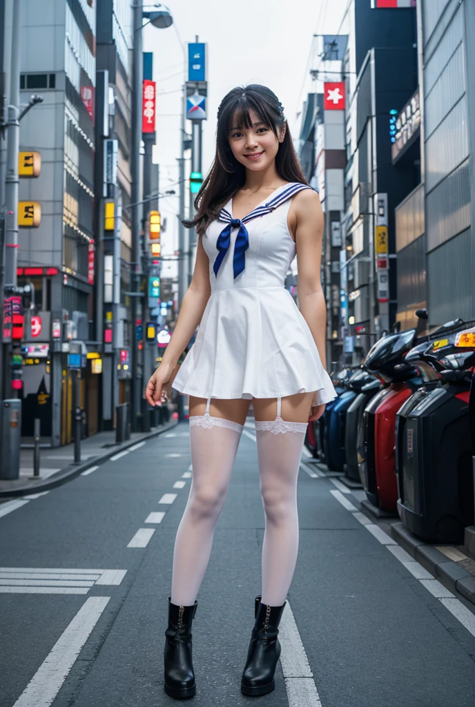 1girl, happy, smirk, Tokyo street, cityscape, city lights,day,.Flexing, 8k, RAW photo, best quality, masterpiece, realistic, photo-realistic, masterpiece, best quality, high-resolution, sailor moon hair, sailor moon dress, sailor moon pantyhose, sailor moon boots, full body photo