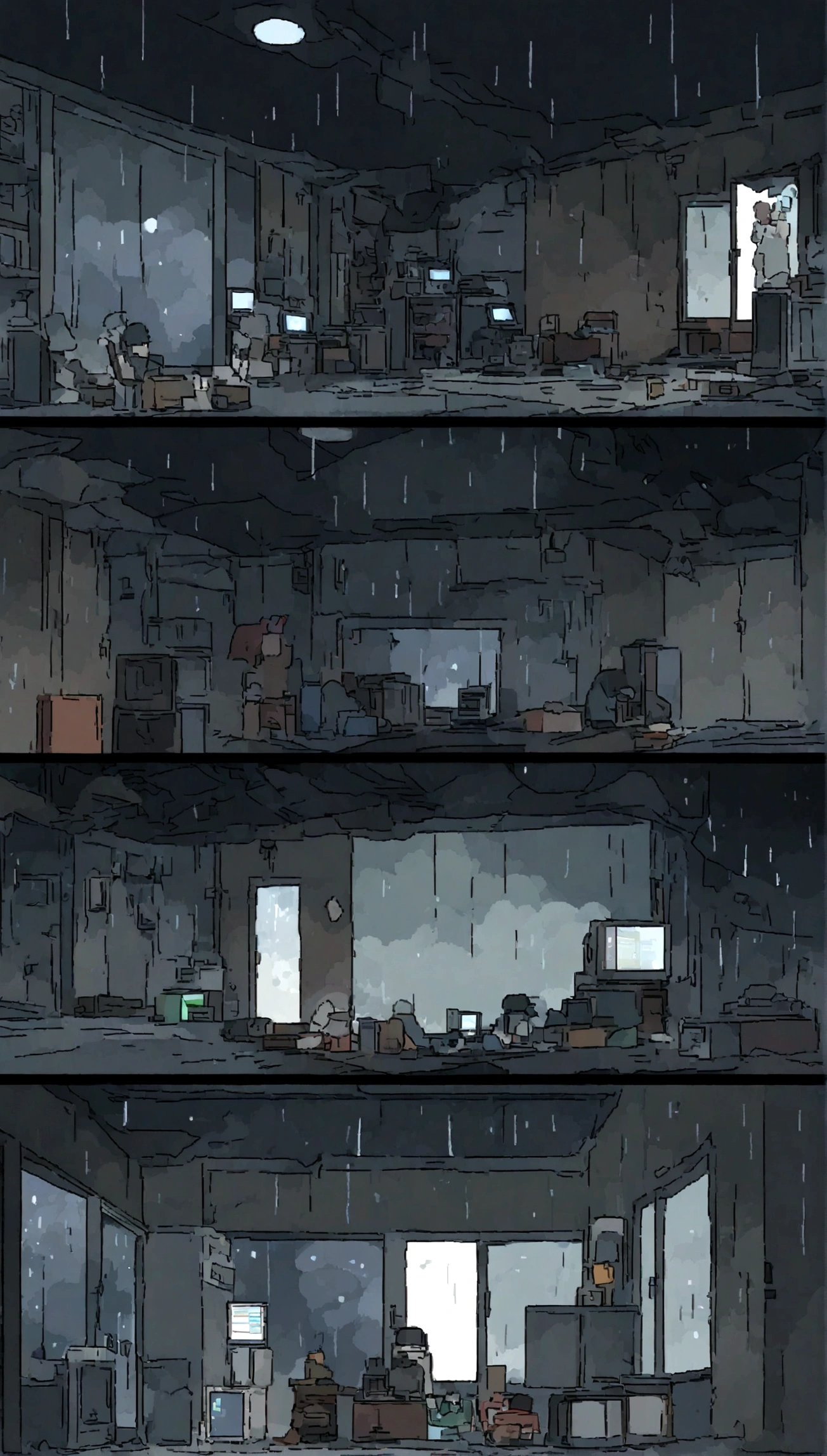 night、A man using five Windows 98 computers in the dark, It was raining outside the floor-to-ceiling windows.,2D-style animations, Lo-Fi, Hard Drive, Dark Medium