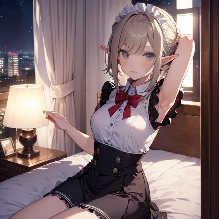 (1Girl, Elf, Short blonde hair, frenckles, beautiful, (wearing a cozy, cotton nightdress), green eyes), (in a bedroom, (at night))