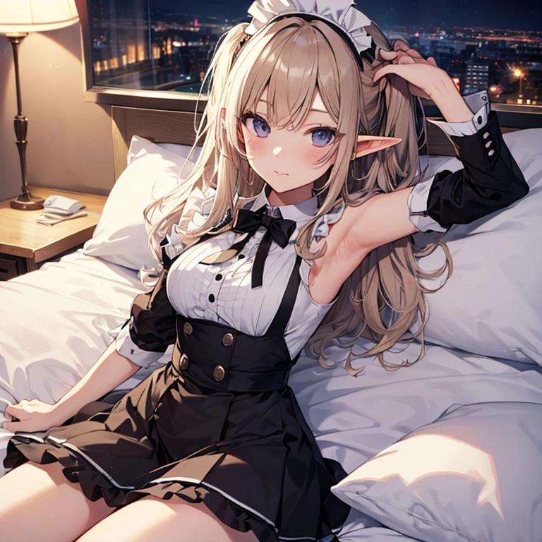 A maids, (in bedroom), various hair styles, night, details face, short skirt, seducing, sleeveless, maid uniform, armpits, elf, lay on bed